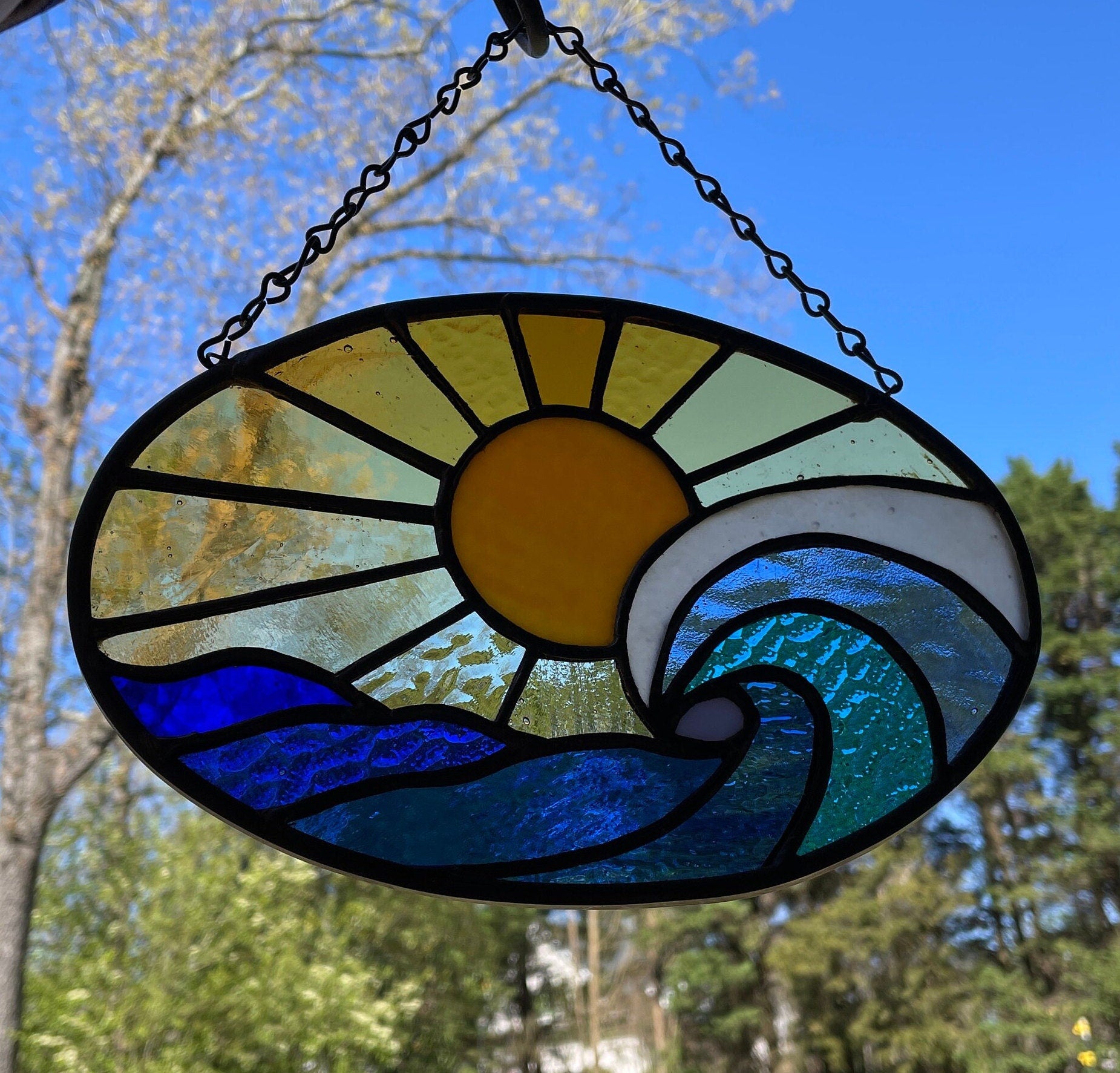 Ocean waves stained glass, Ocean lover gift, Sunrise sun catcher, Wave suncatcher, Beach lover gift, gift for mom