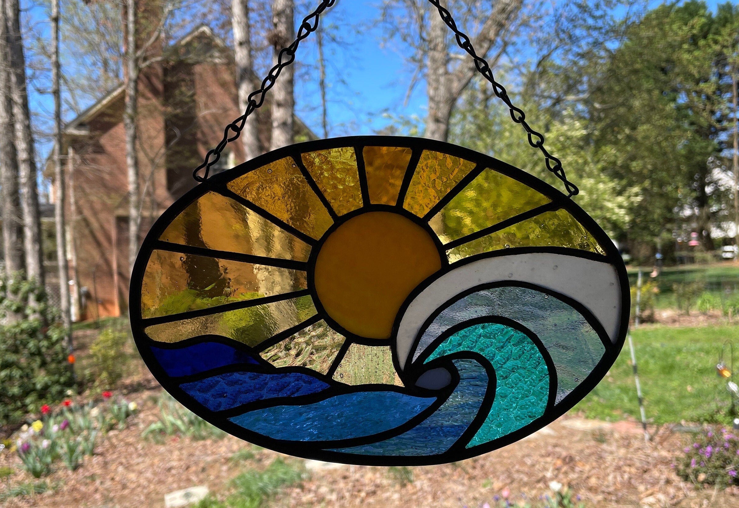 Ocean waves stained glass, Ocean lover gift, Sunrise sun catcher, Wave suncatcher, Beach lover gift, gift for mom