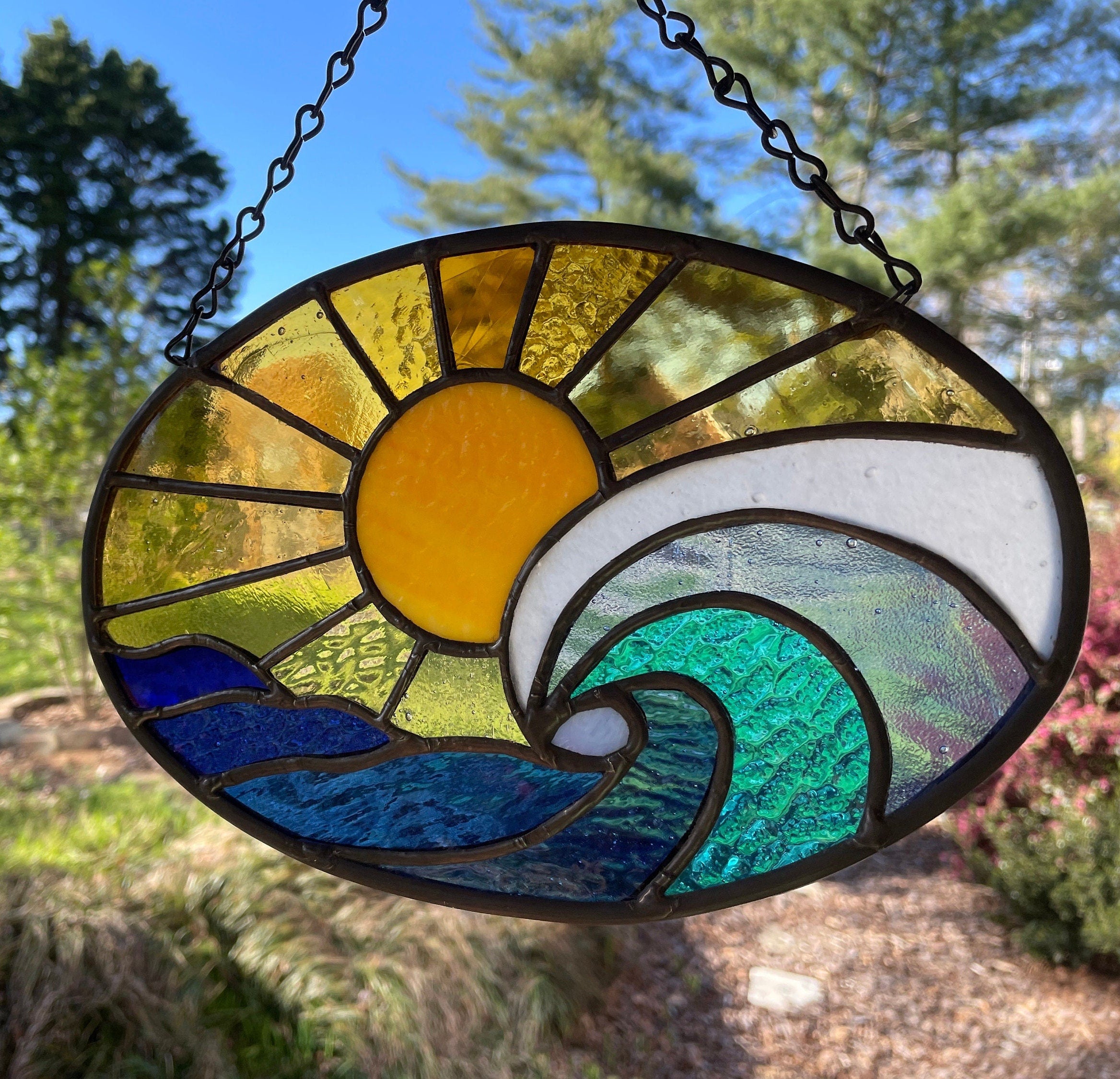 Ocean waves stained glass, Ocean lover gift, Sunrise sun catcher, Wave suncatcher, Beach lover gift, gift for mom