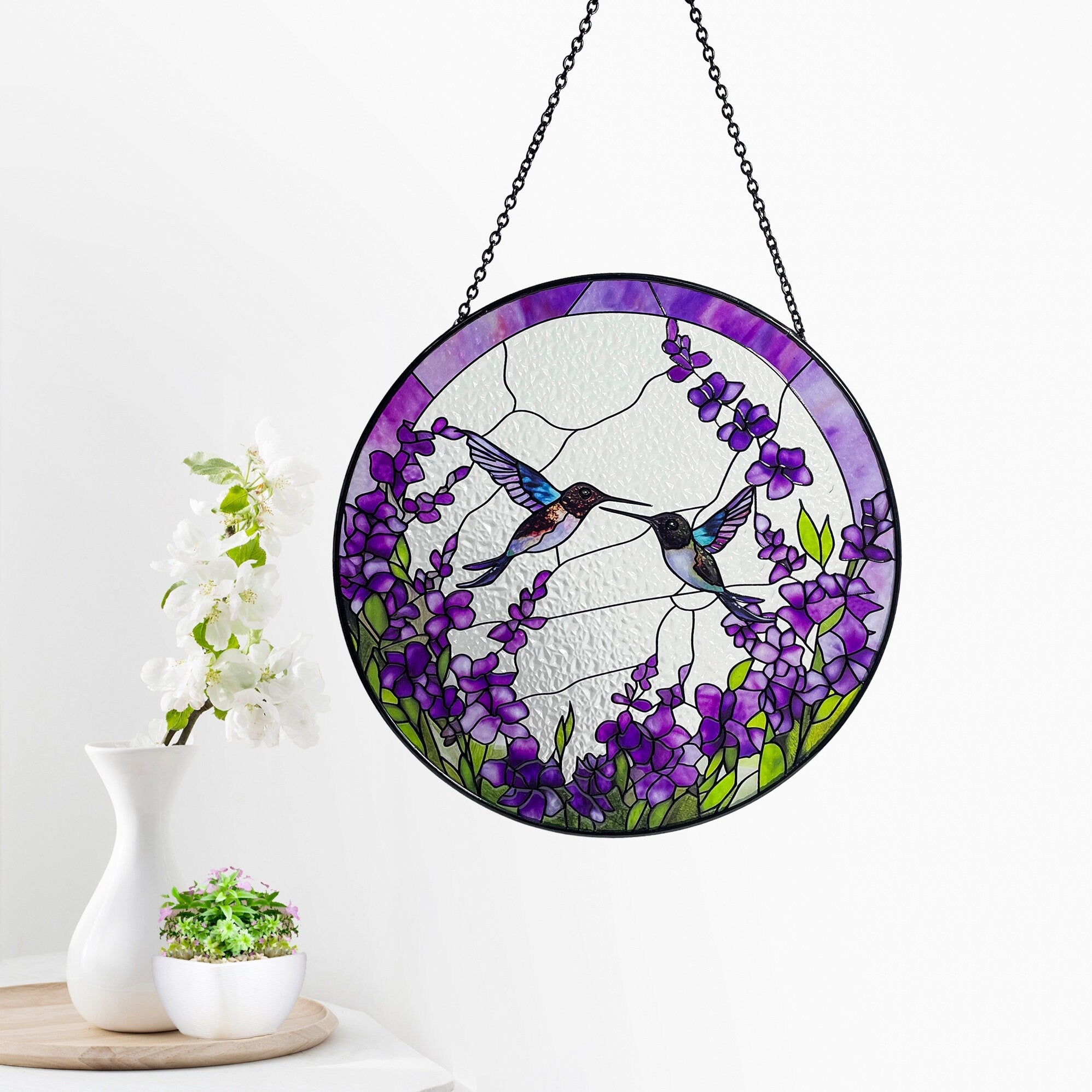 Hummingbirds Among Lavender Flowers Stained Glass Suncatcher, Wall Art, Window Hanging, Indoor Decor, Gifts for Women, Sun Catcher
