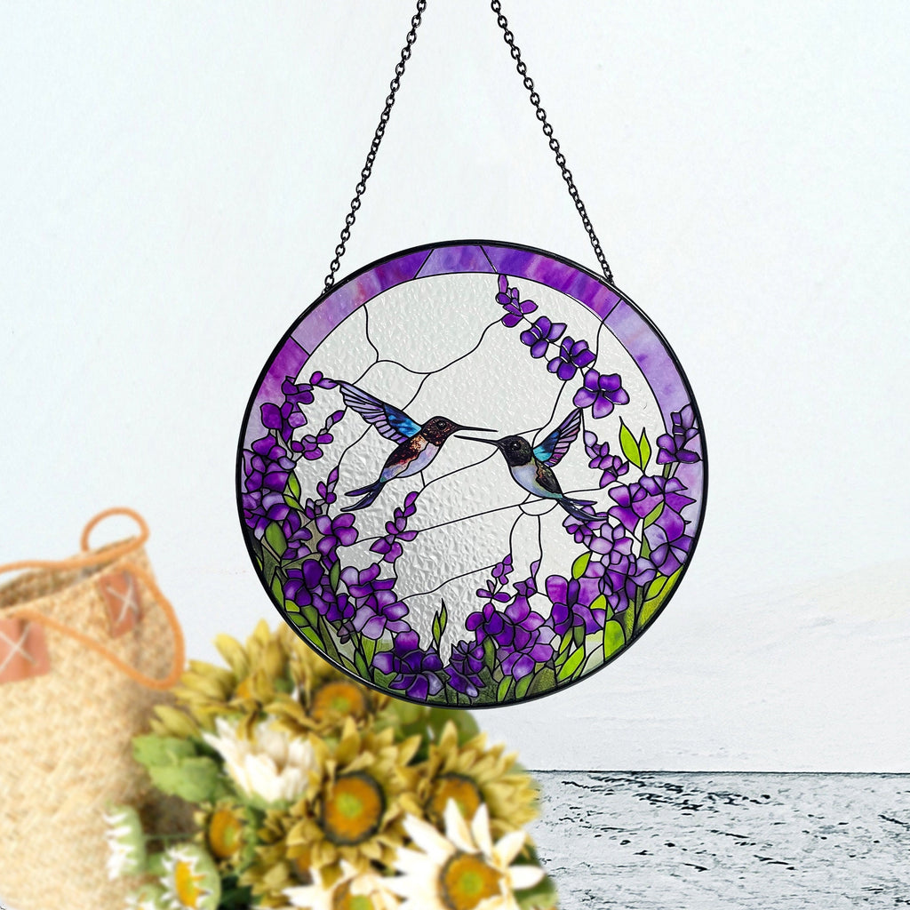 Hummingbirds Among Lavender Flowers Stained Glass Suncatcher, Wall Art, Window Hanging, Indoor Decor, Gifts for Women, Sun Catcher