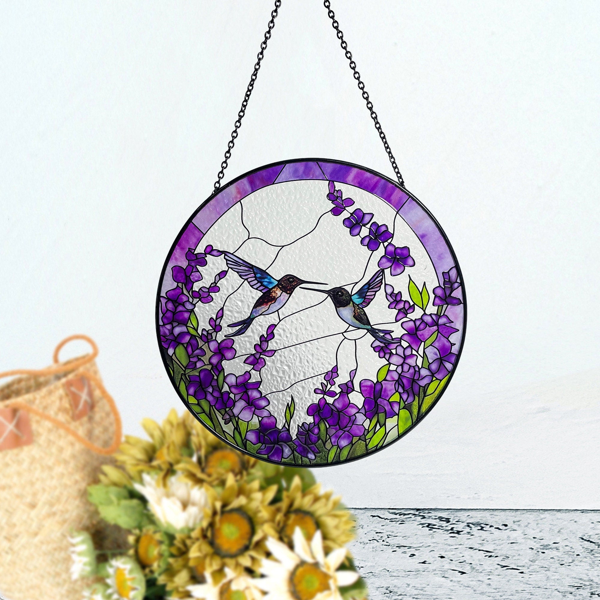Hummingbirds Among Lavender Flowers Stained Glass Suncatcher, Wall Art, Window Hanging, Indoor Decor, Gifts for Women, Sun Catcher
