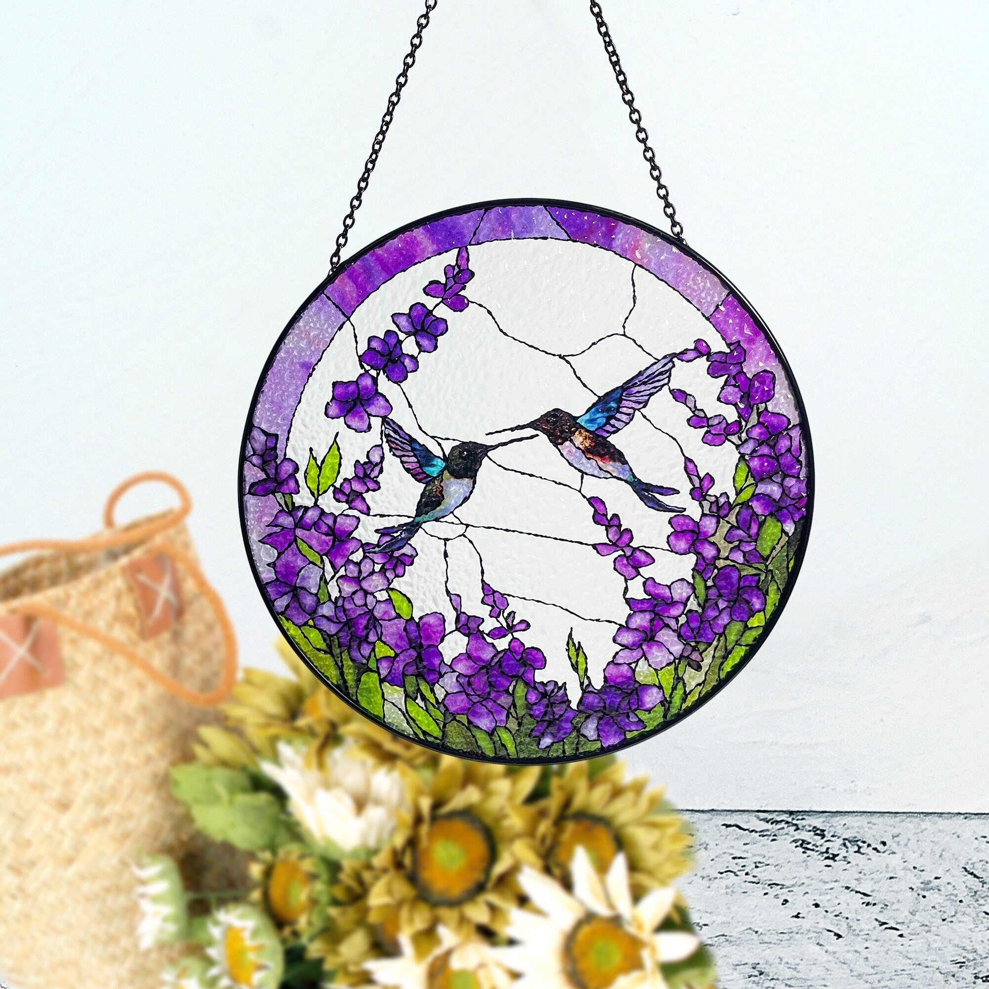 Hummingbirds Among Lavender Flowers Stained Glass Suncatcher, Wall Art, Window Hanging, Indoor Decor, Gifts for Women, Sun Catcher