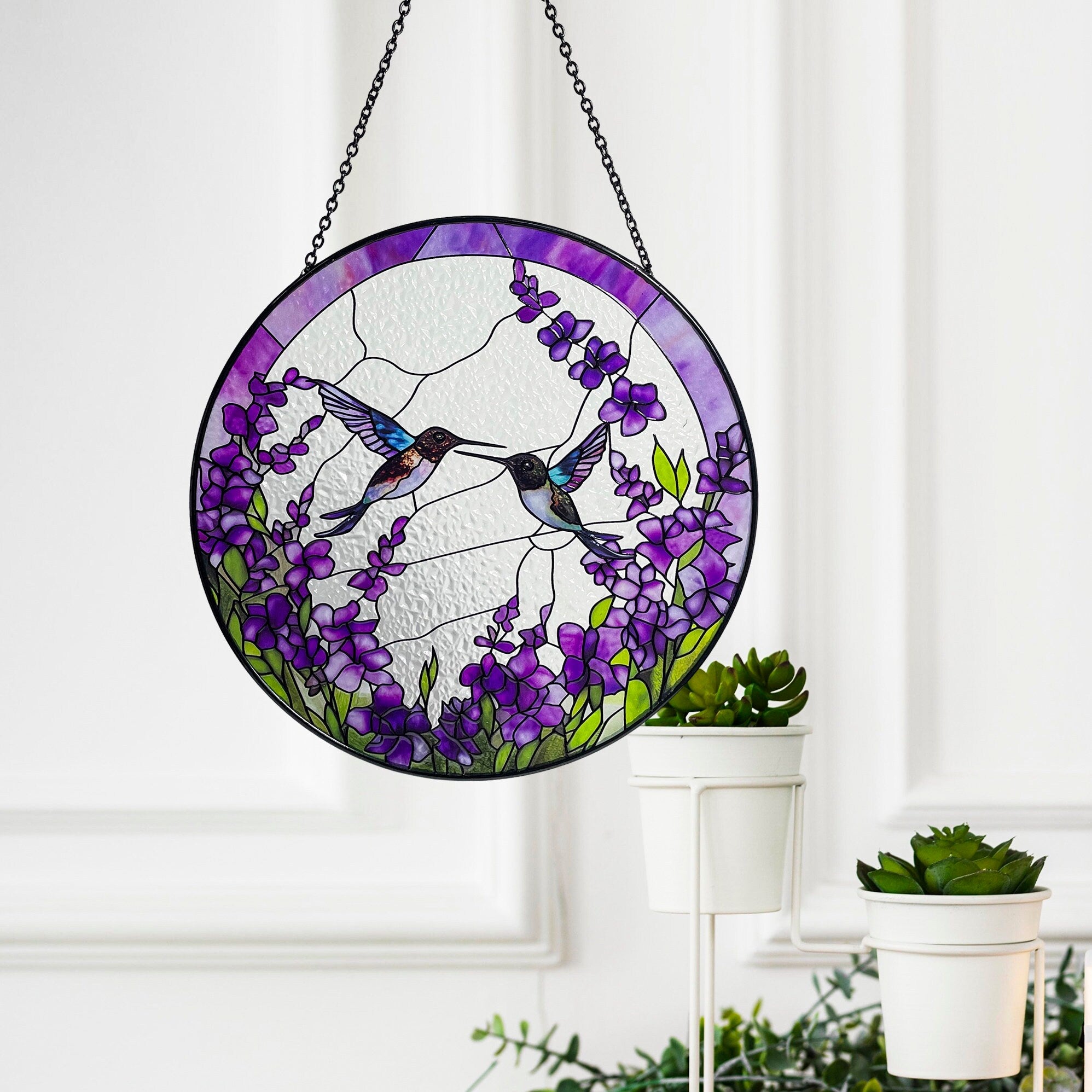 Hummingbirds Among Lavender Flowers Stained Glass Suncatcher, Wall Art, Window Hanging, Indoor Decor, Gifts for Women, Sun Catcher