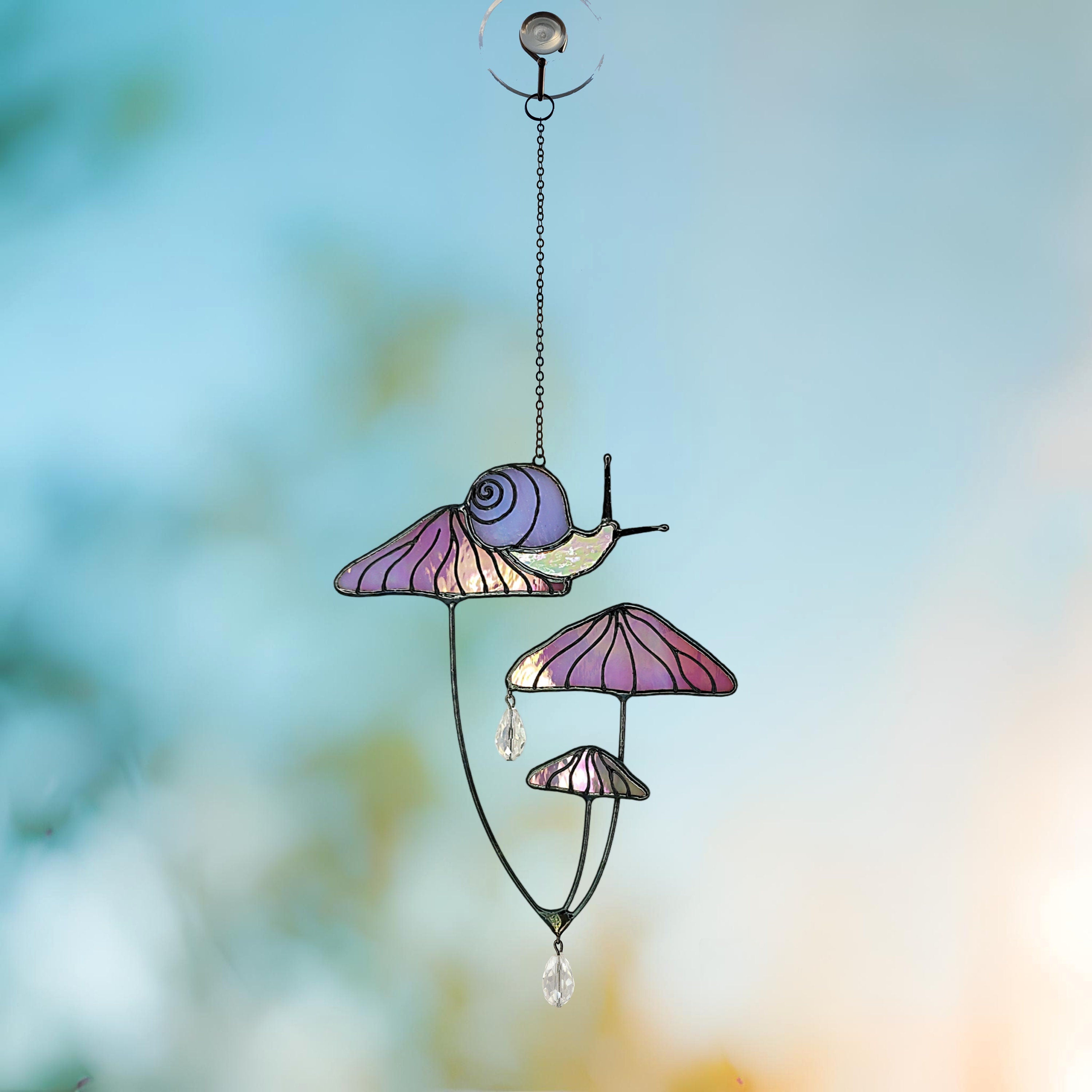 Mushrooms with Snail Stained Glass Window Hangings. Pink Suncatcher Mushrooms for Home Decoration. Perfect Gift for Friends or Coworkers.