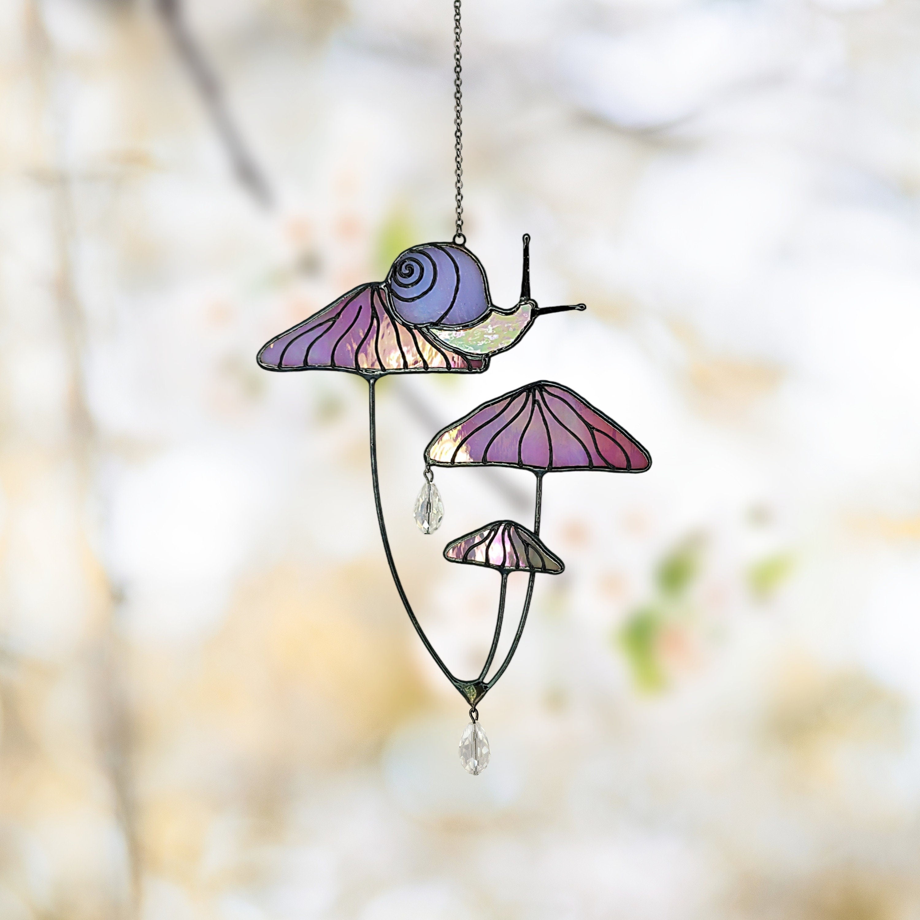 Mushrooms with Snail Stained Glass Window Hangings. Pink Suncatcher Mushrooms for Home Decoration. Perfect Gift for Friends or Coworkers.