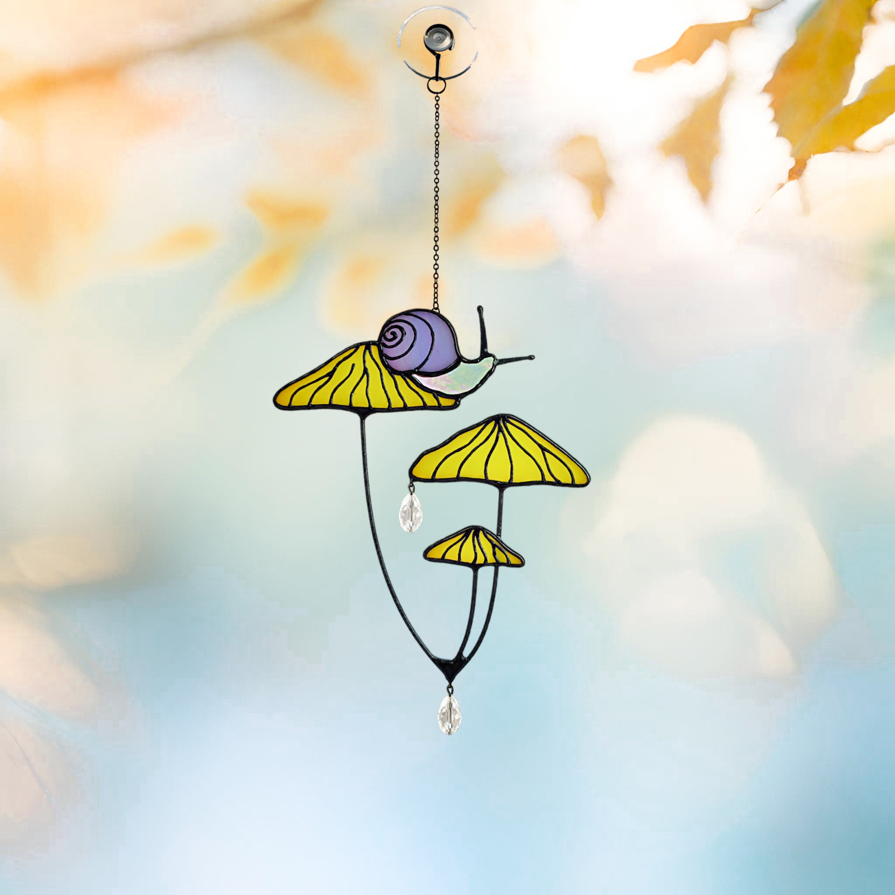 Mushrooms with Snail Stained Glass Window Hangings. Pink Suncatcher Mushrooms for Home Decoration. Perfect Gift for Friends or Coworkers.