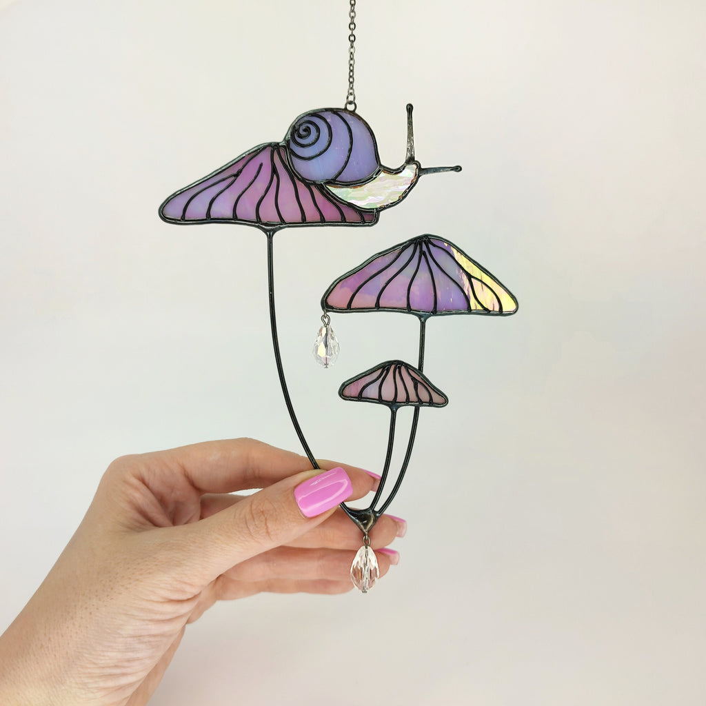 Mushrooms with Snail Stained Glass Window Hangings. Pink Suncatcher Mushrooms for Home Decoration. Perfect Gift for Friends or Coworkers.