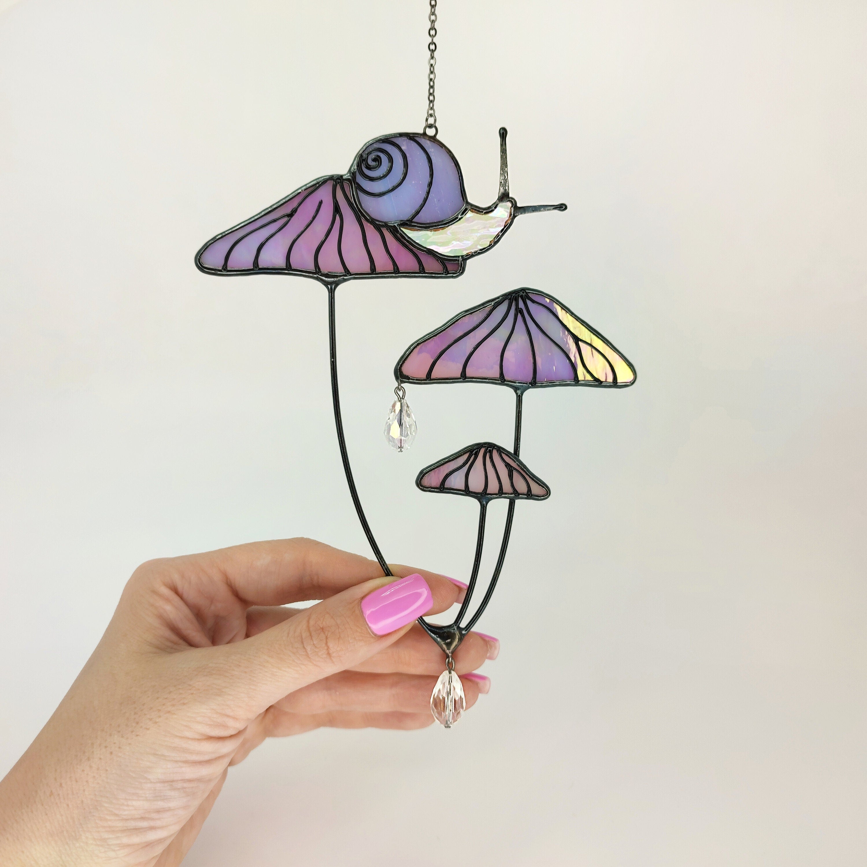 Mushrooms with Snail Stained Glass Window Hangings. Pink Suncatcher Mushrooms for Home Decoration. Perfect Gift for Friends or Coworkers.