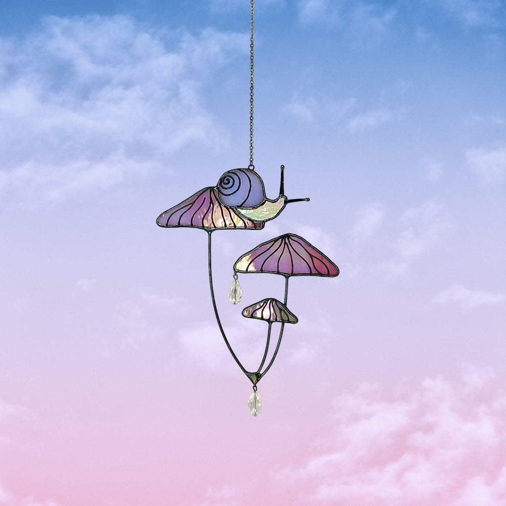 Mushrooms with Snail Stained Glass Window Hangings. Pink Suncatcher Mushrooms for Home Decoration. Perfect Gift for Friends or Coworkers.