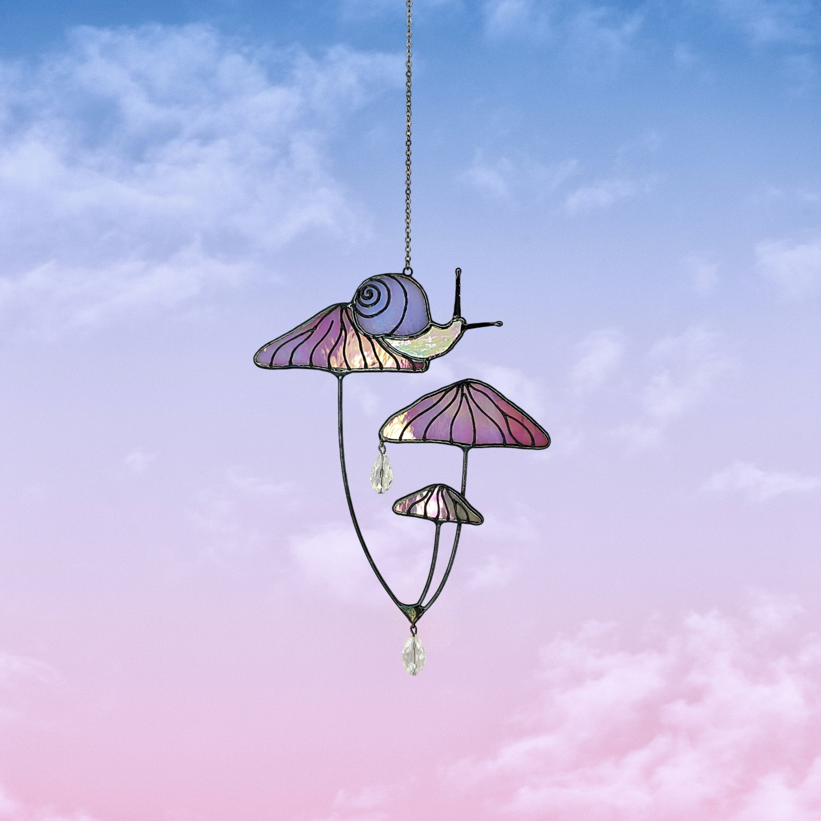 Mushrooms with Snail Stained Glass Window Hangings. Pink Suncatcher Mushrooms for Home Decoration. Perfect Gift for Friends or Coworkers.