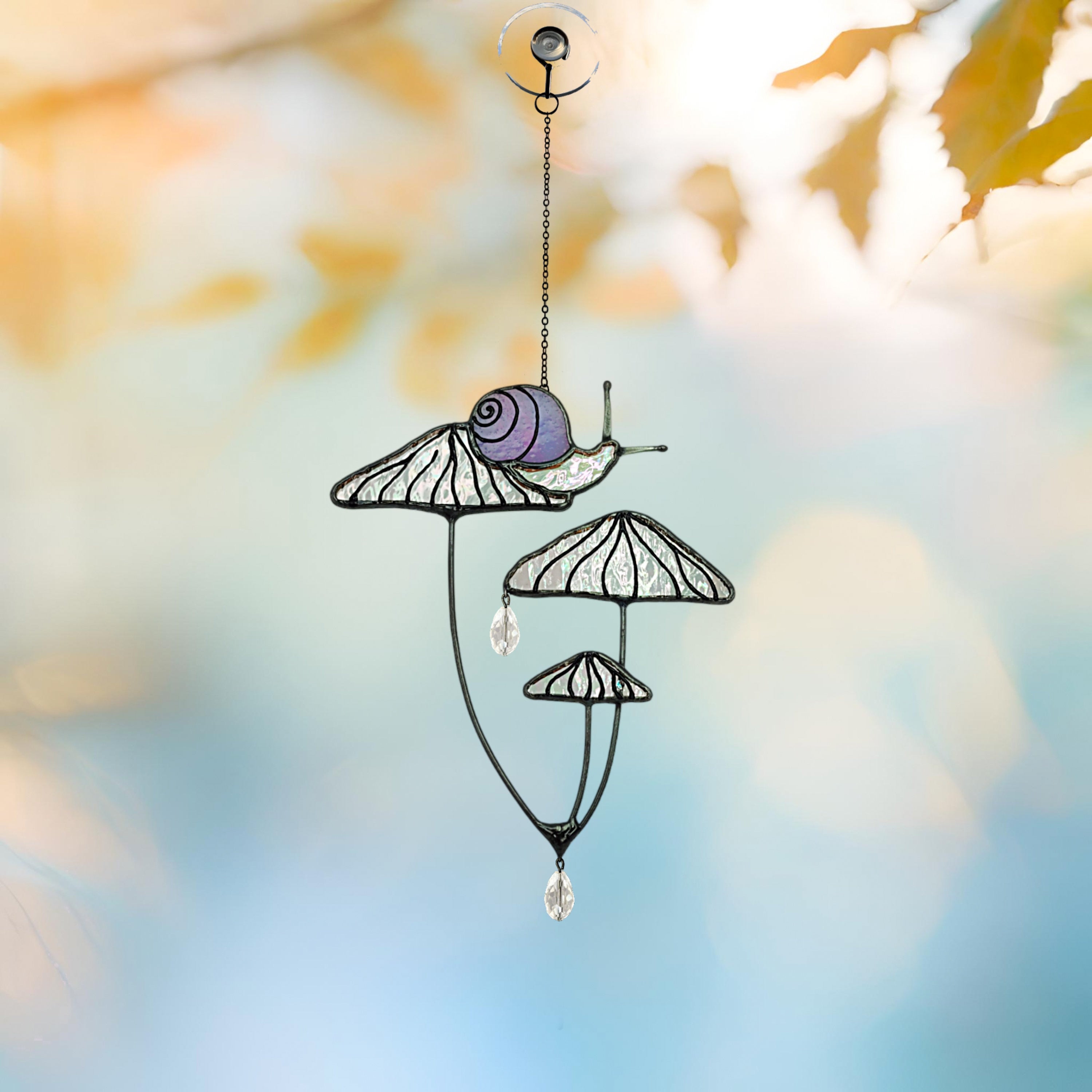 Mushrooms with Snail Stained Glass Window Hangings. Pink Suncatcher Mushrooms for Home Decoration. Perfect Gift for Friends or Coworkers.