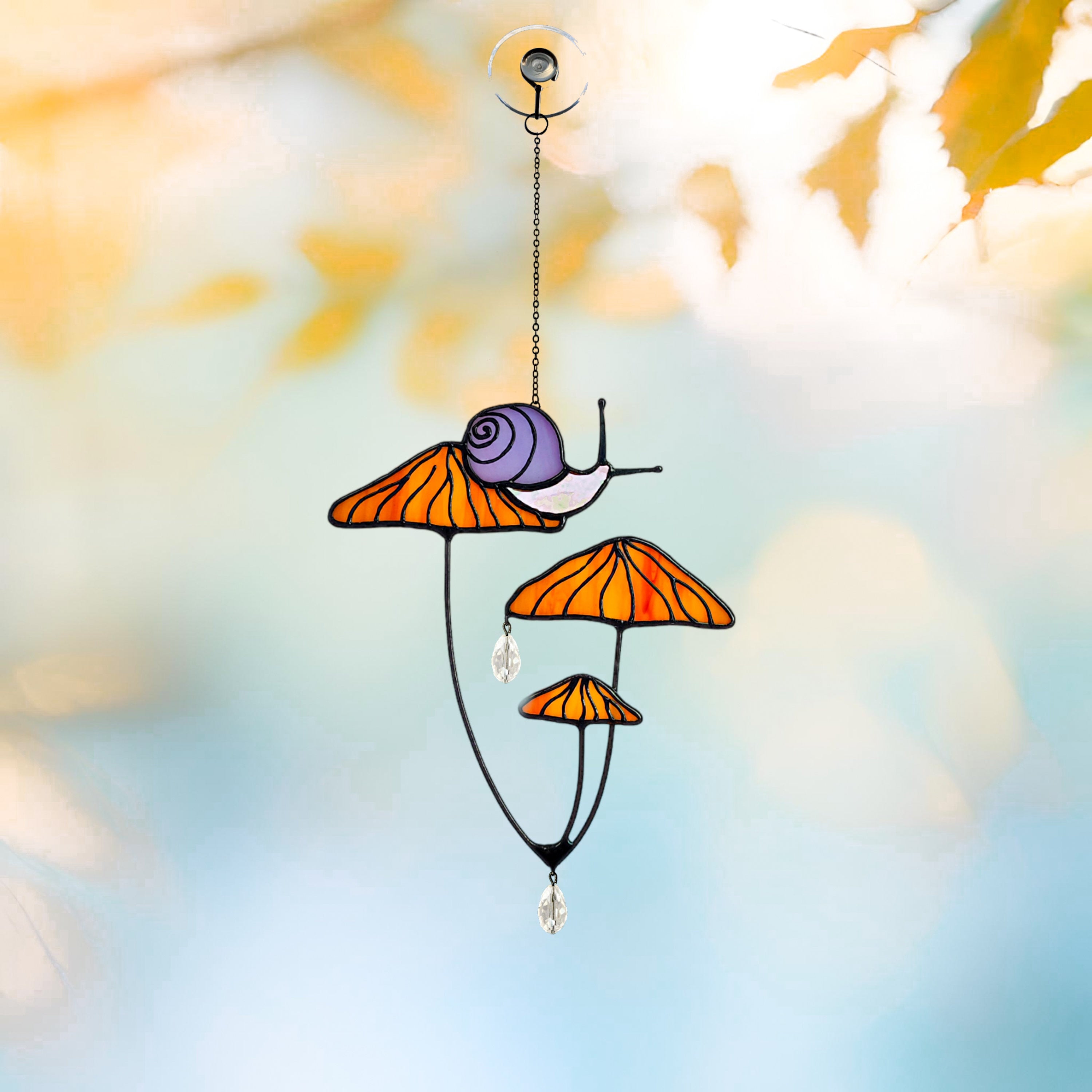 Mushrooms with Snail Stained Glass Window Hangings. Pink Suncatcher Mushrooms for Home Decoration. Perfect Gift for Friends or Coworkers.