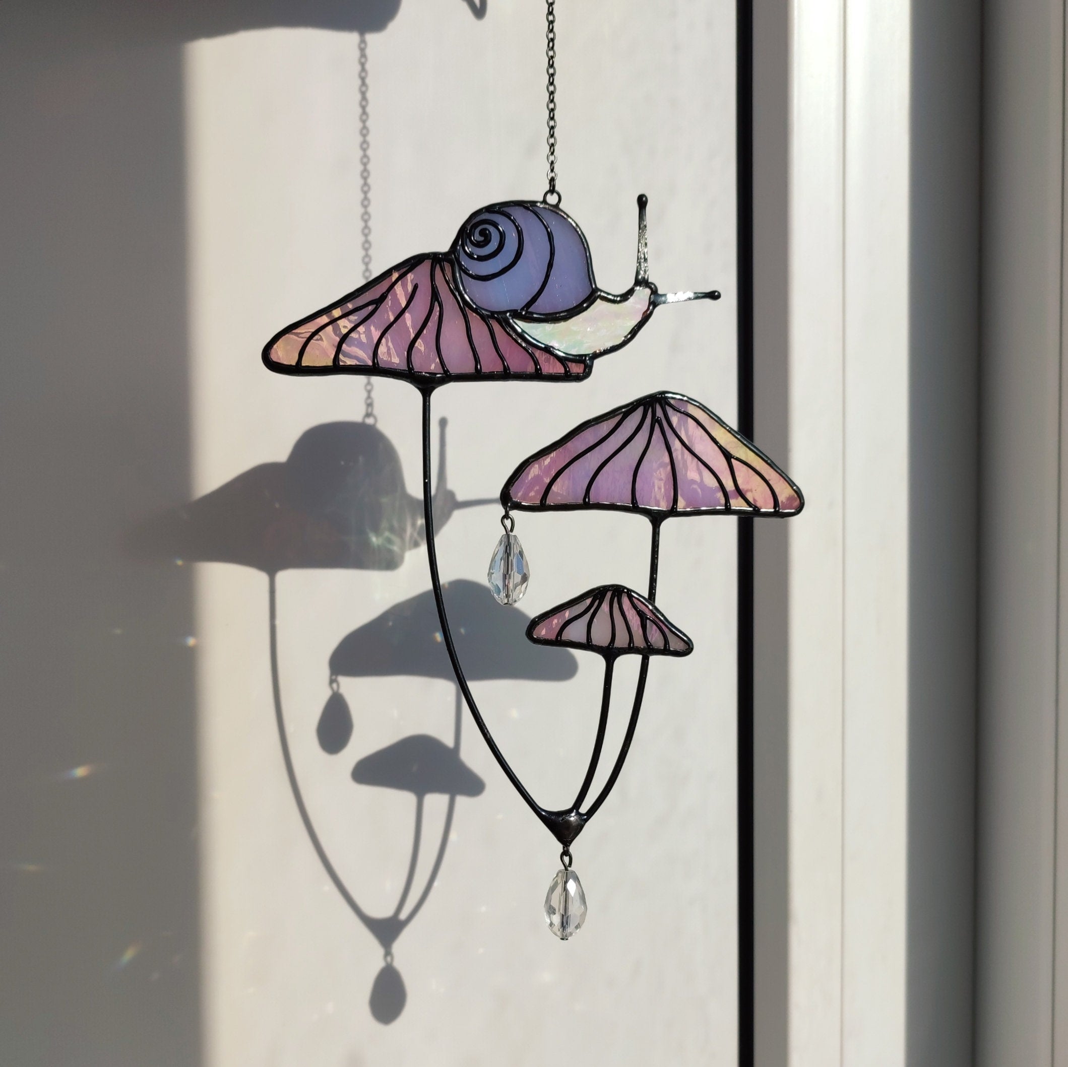 Mushrooms with Snail Stained Glass Window Hangings. Pink Suncatcher Mushrooms for Home Decoration. Perfect Gift for Friends or Coworkers.