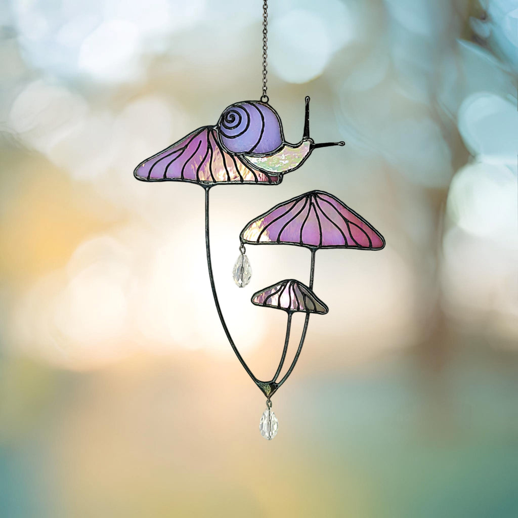 Mushrooms with Snail Stained Glass Window Hangings. Pink Suncatcher Mushrooms for Home Decoration. Perfect Gift for Friends or Coworkers.