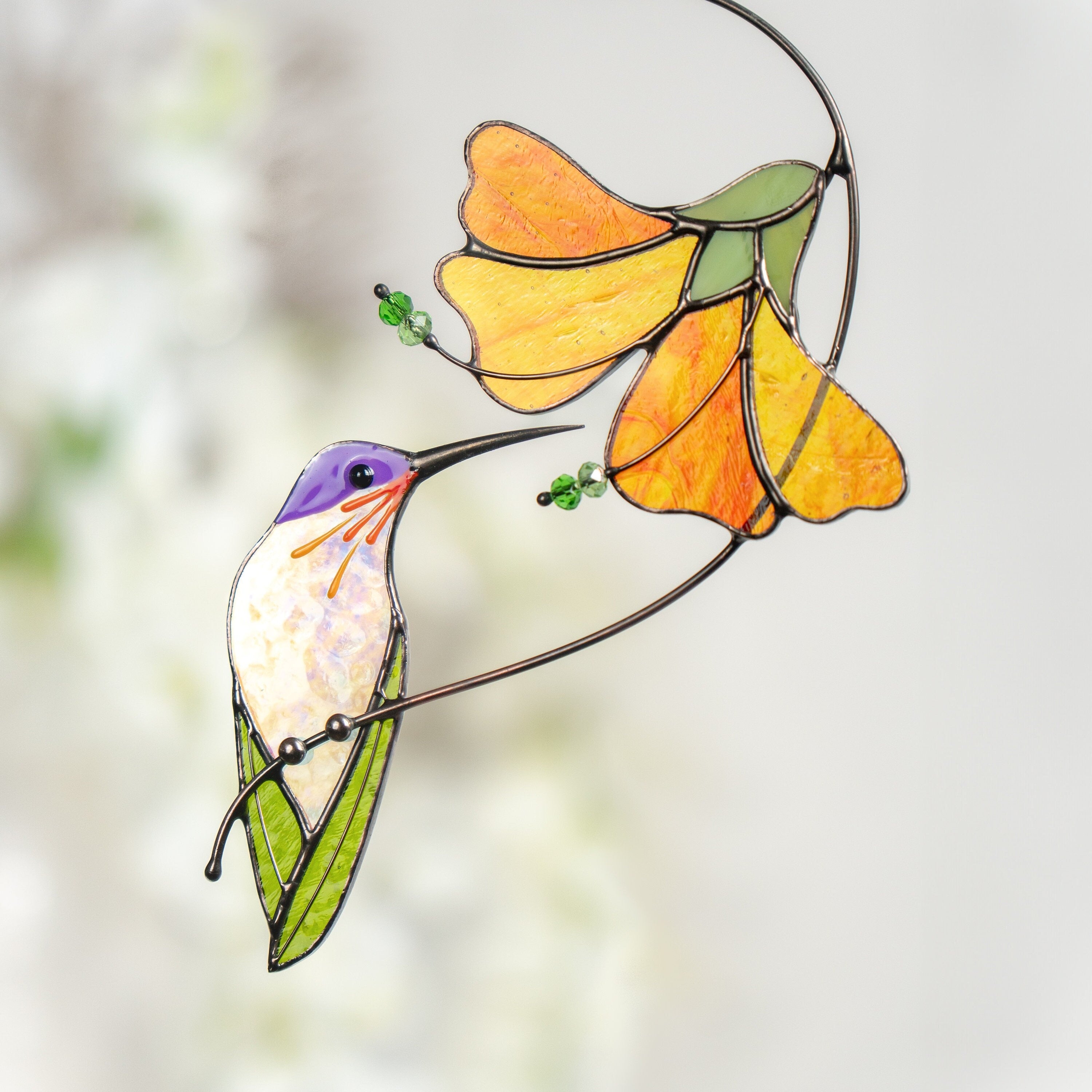 Hummingbird stained glass sun catcher Unique gift for mom Flower stained glass window hangings Grandma Christmas gift 6th anniversary gift