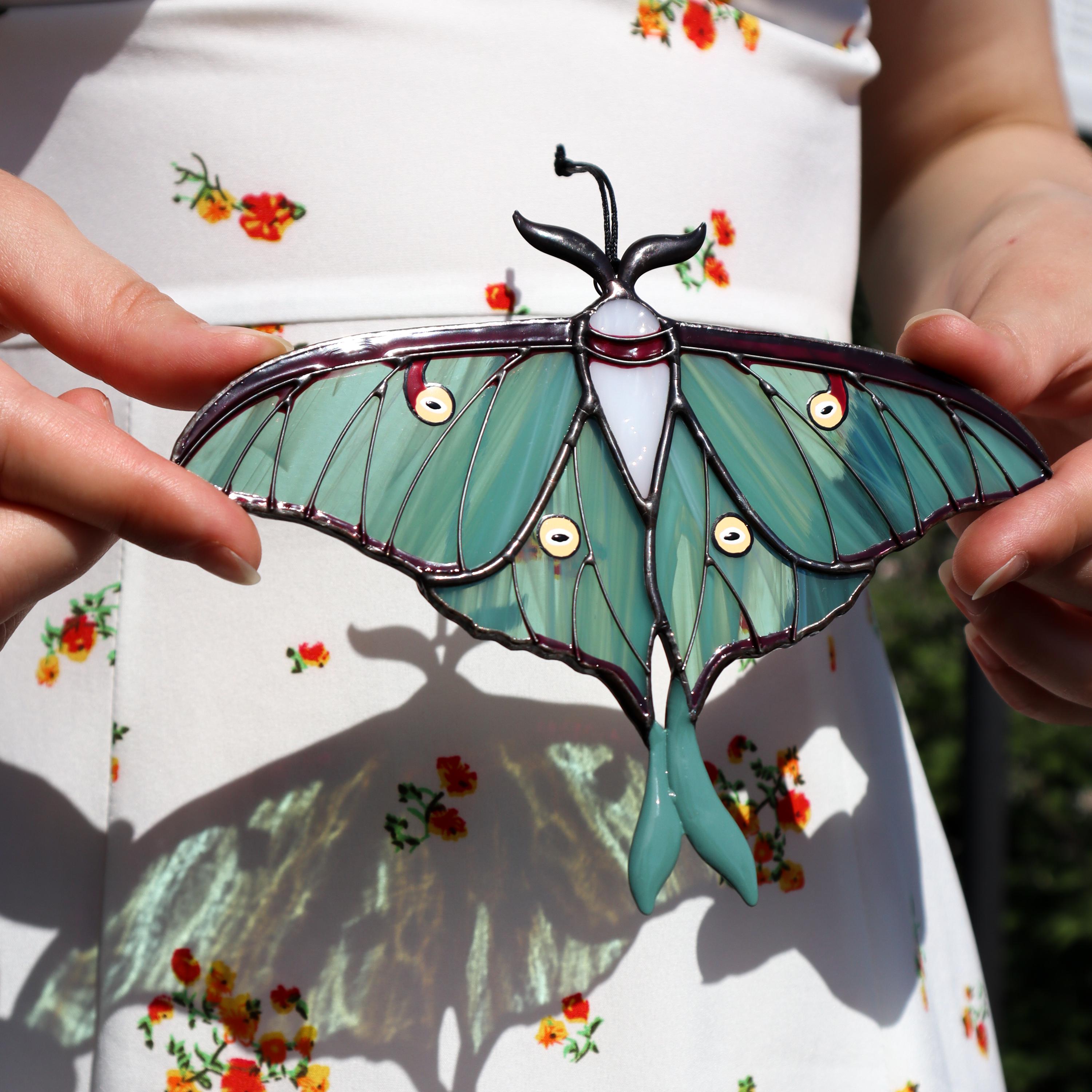 Luna moth butterfly suncatcher, stained glass window hangings, unique Christmas gift, gift for mom, handmade gift, modern home decor
