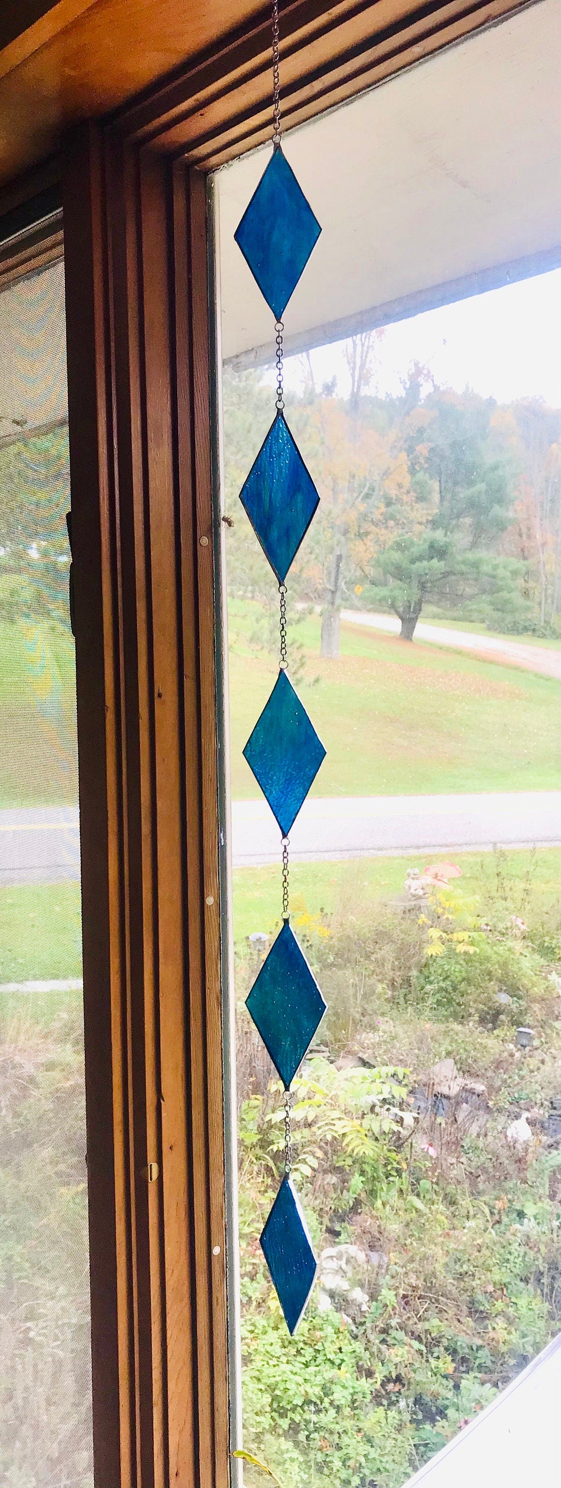 Stained Glass Window Hanging Suncatcher Sun Catcher Blue Green Ripple
