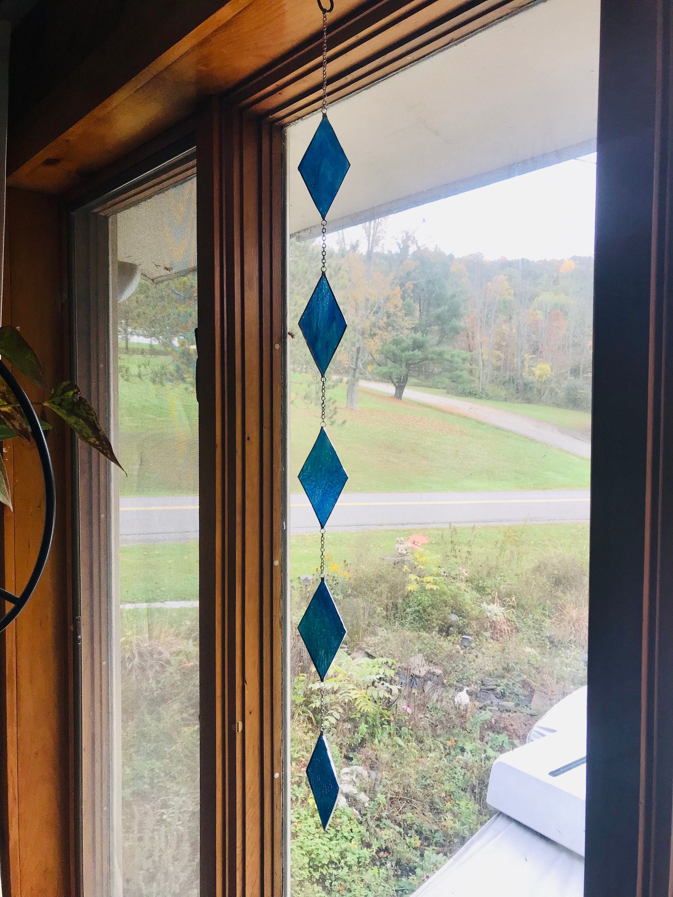 Stained Glass Window Hanging Suncatcher Sun Catcher Blue Green Ripple