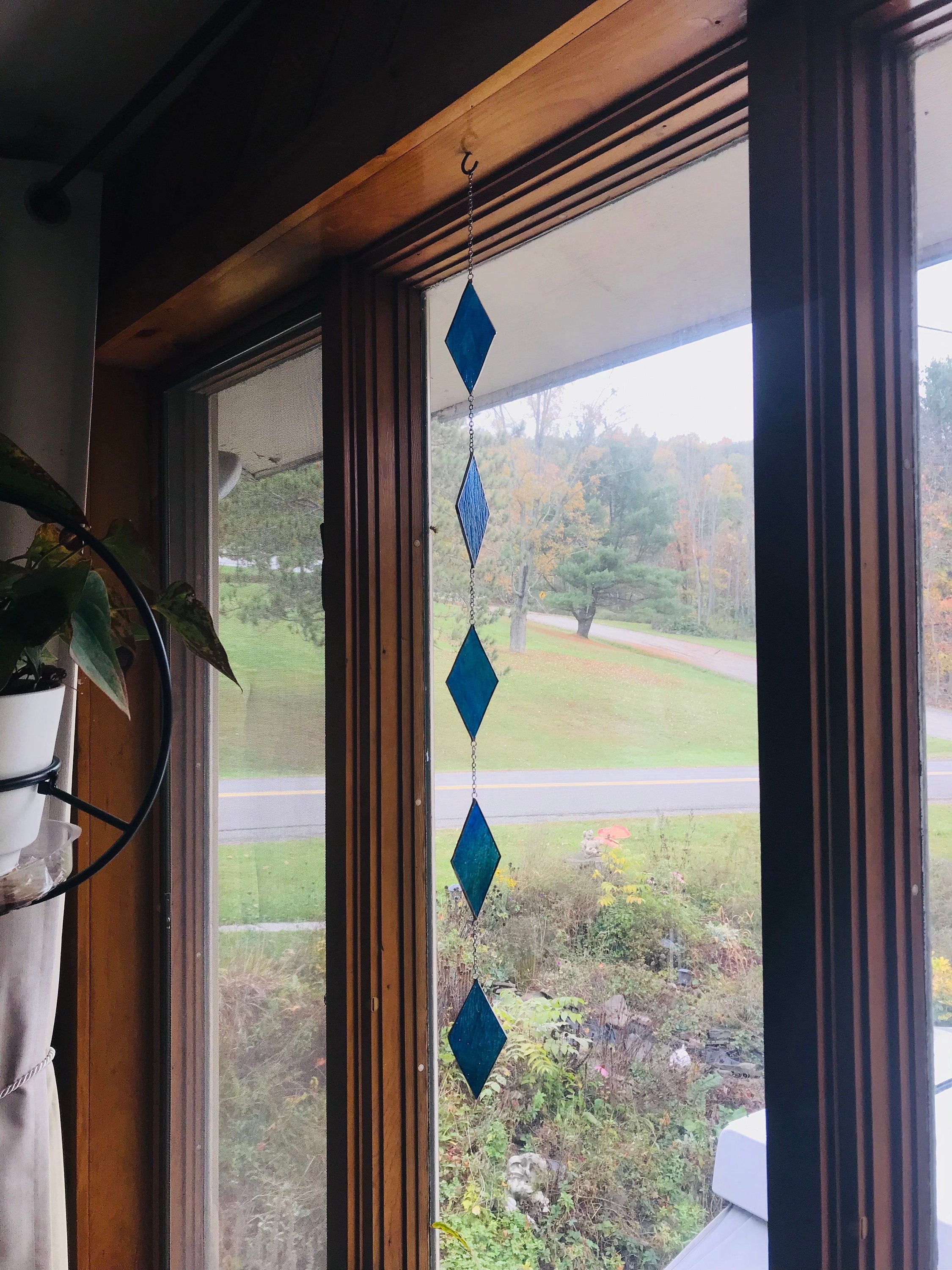 Stained Glass Window Hanging Suncatcher Sun Catcher Blue Green Ripple