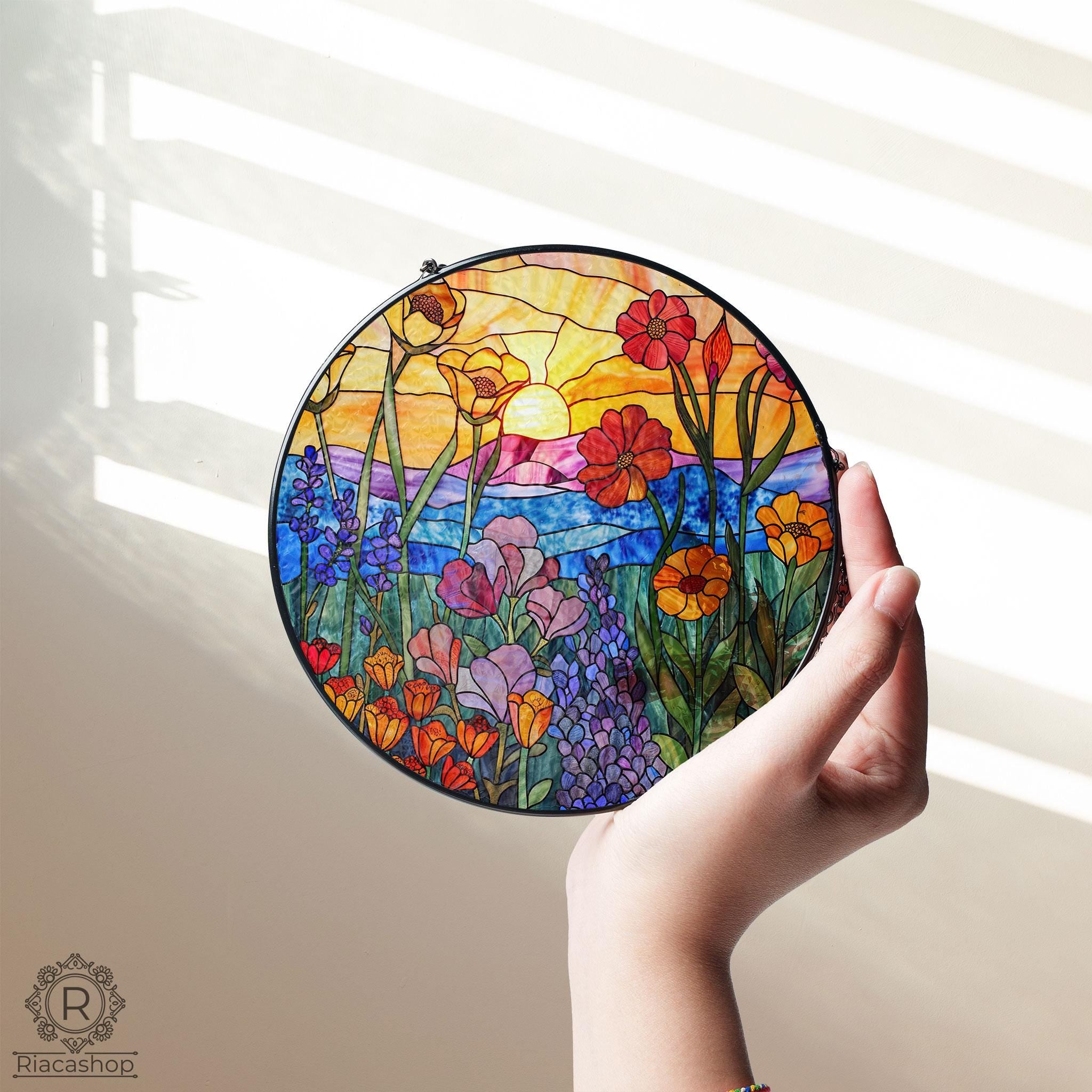 Wildflowers Sun catcher, Sunset Stained Glass Style Window Hangings, Wall Decor, Housewarming Gift, Home Decor, Window Hanger