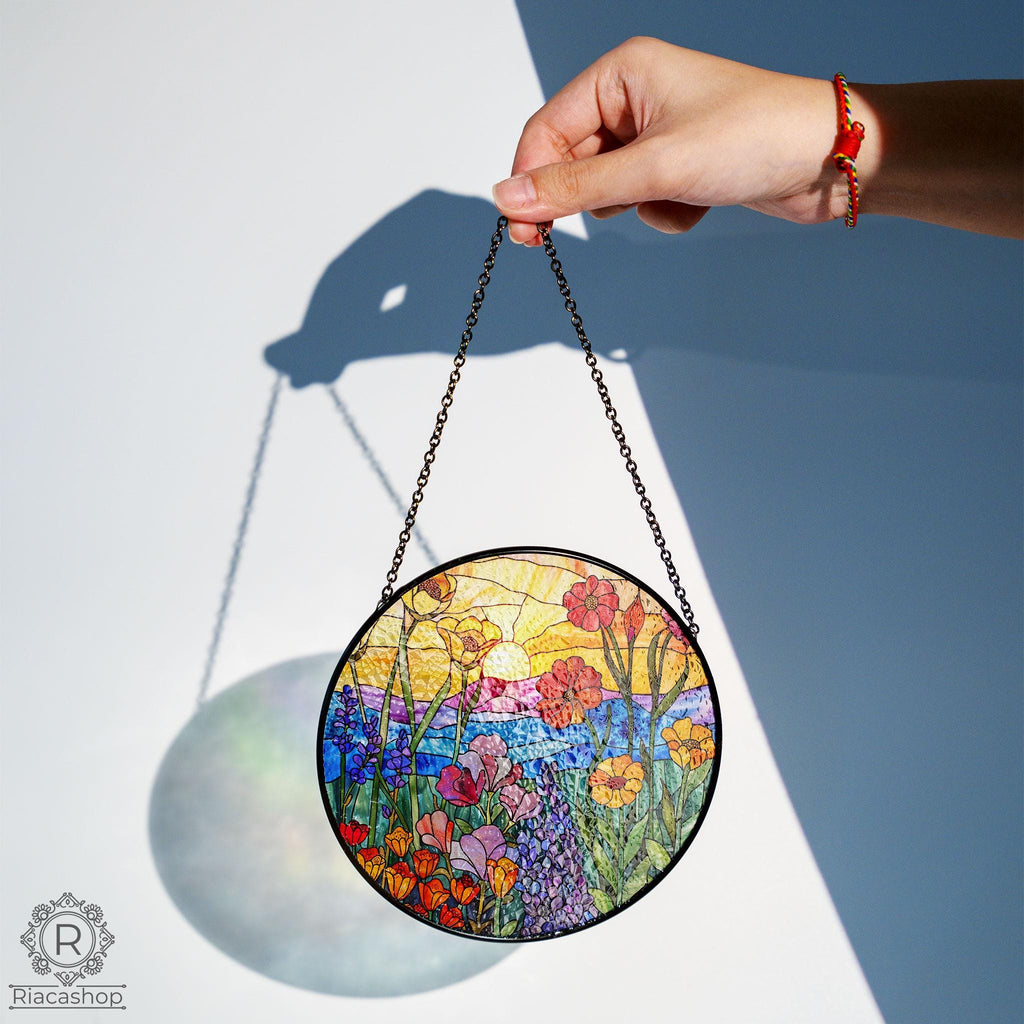 Wildflowers Sun catcher, Sunset Stained Glass Style Window Hangings, Wall Decor, Housewarming Gift, Home Decor, Window Hanger