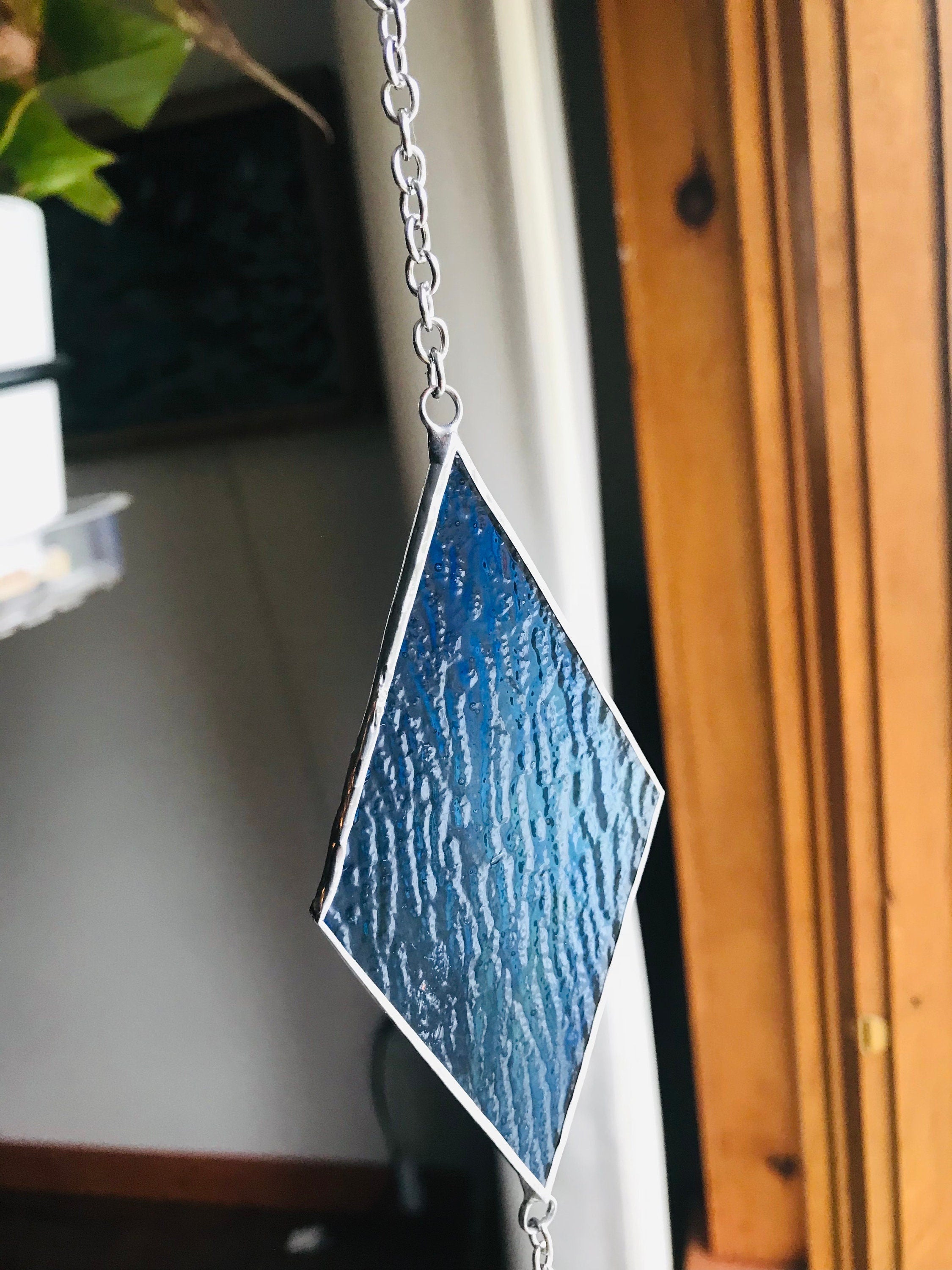 Stained Glass Window Hanging Suncatcher Sun Catcher Blue Green Ripple