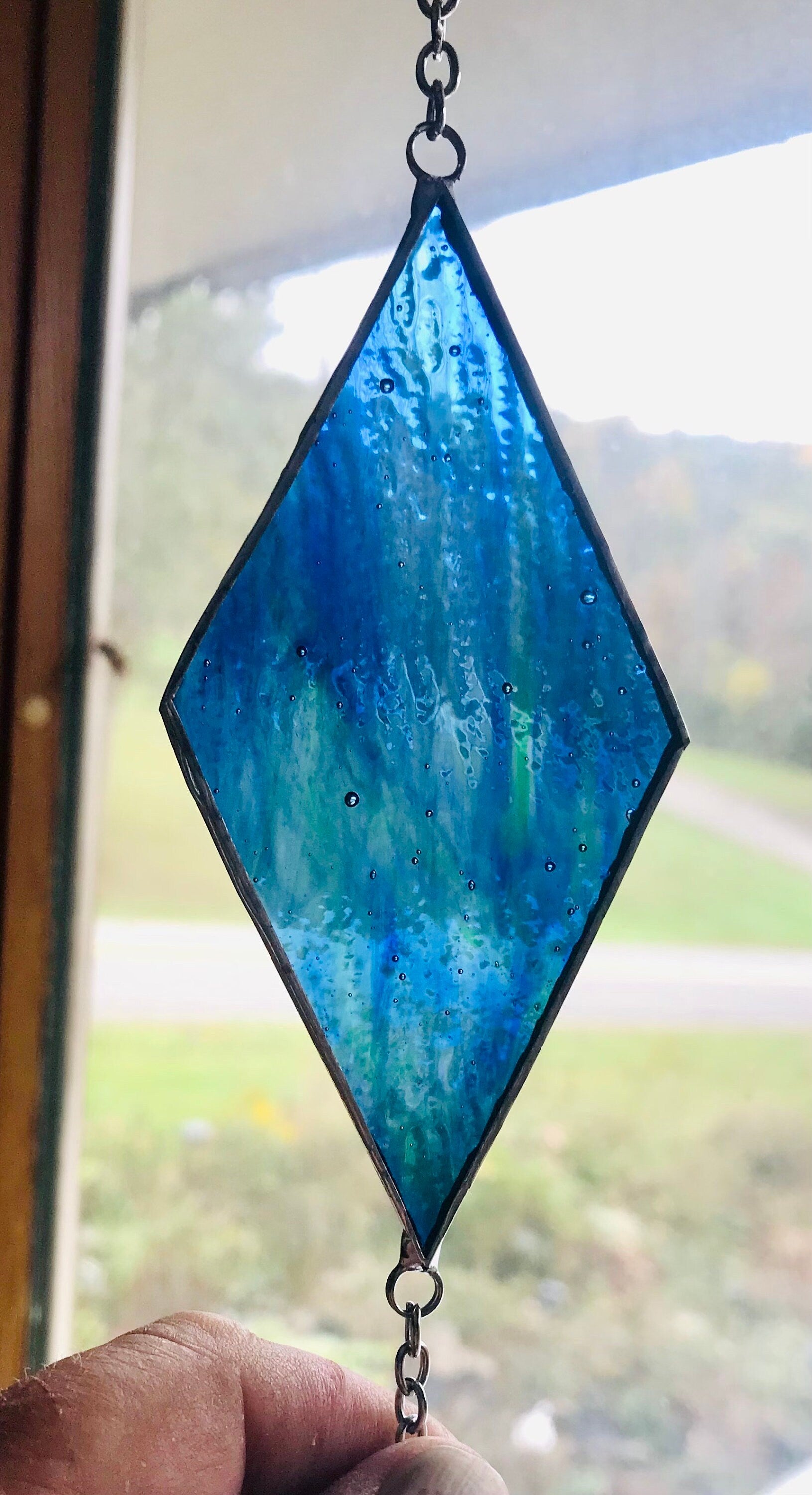 Stained Glass Window Hanging Suncatcher Sun Catcher Blue Green Ripple