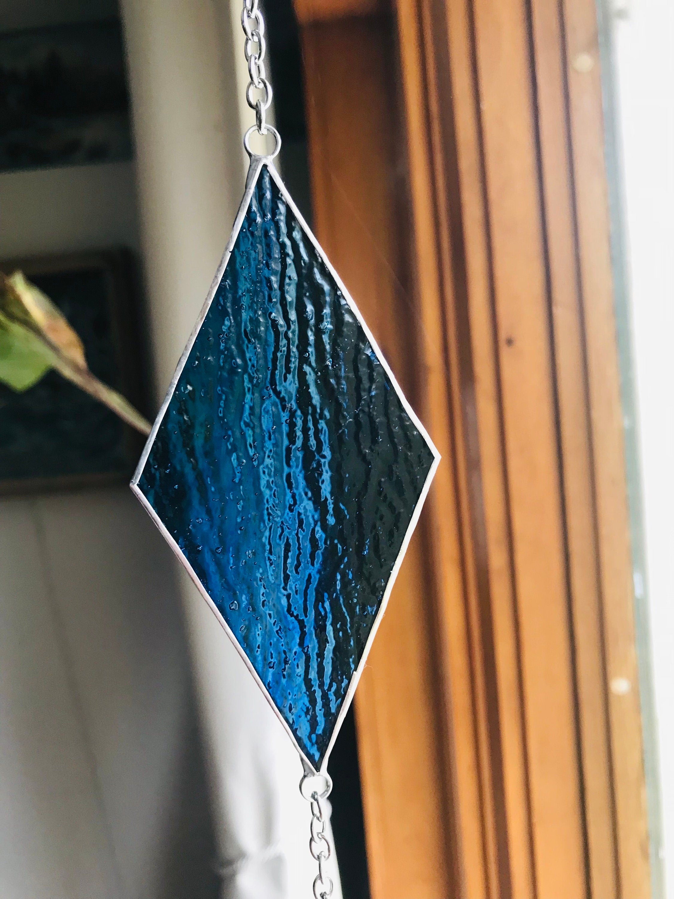 Stained Glass Window Hanging Suncatcher Sun Catcher Blue Green Ripple