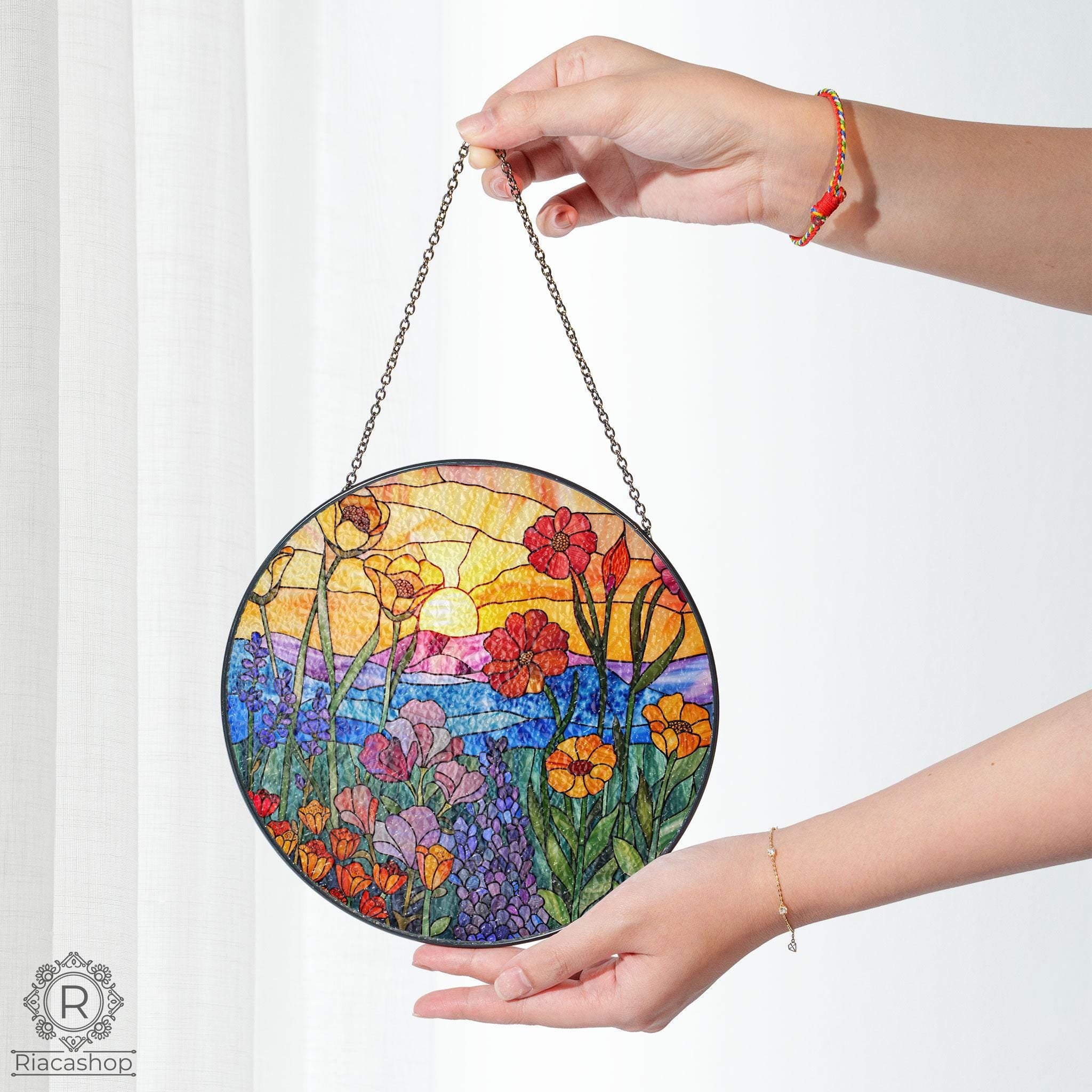 Wildflowers Sun catcher, Sunset Stained Glass Style Window Hangings, Wall Decor, Housewarming Gift, Home Decor, Window Hanger