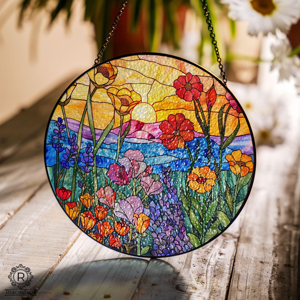 Wildflowers Sun catcher, Sunset Stained Glass Style Window Hangings, Wall Decor, Housewarming Gift, Home Decor, Window Hanger