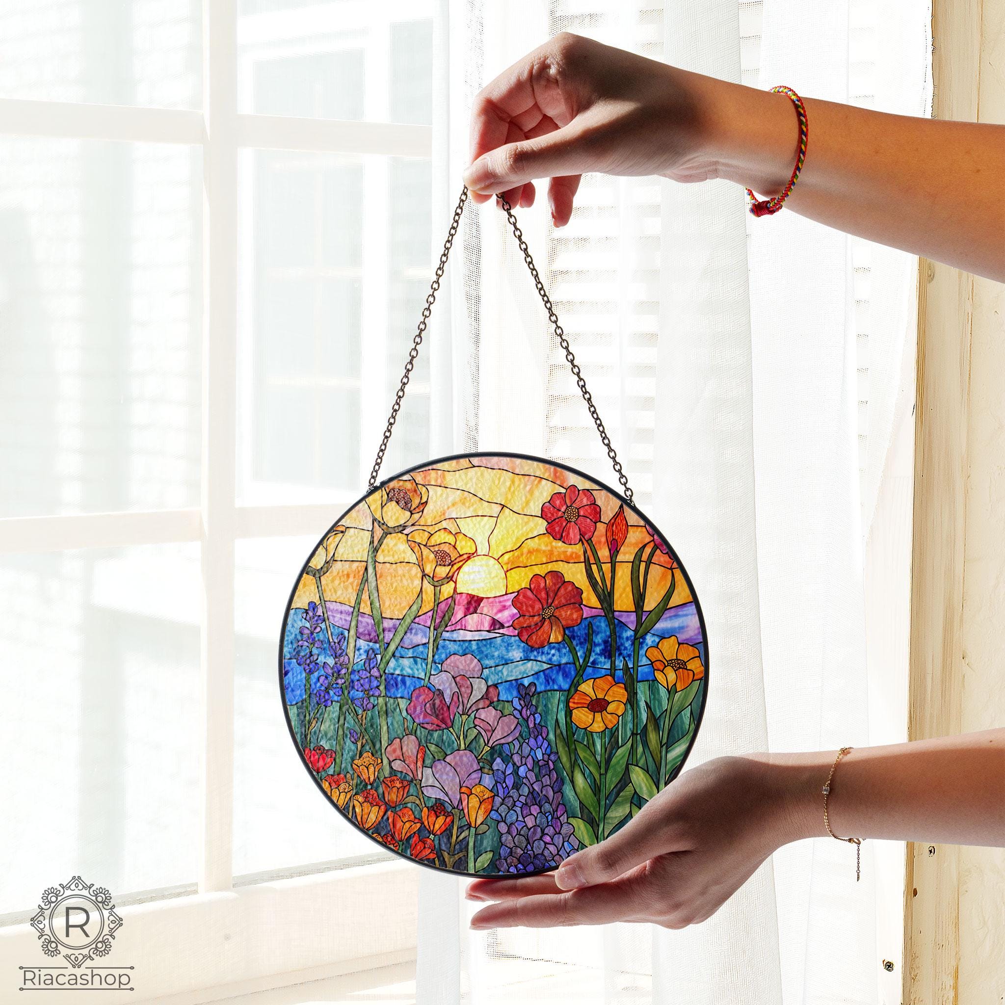 Wildflowers Sun catcher, Sunset Stained Glass Style Window Hangings, Wall Decor, Housewarming Gift, Home Decor, Window Hanger