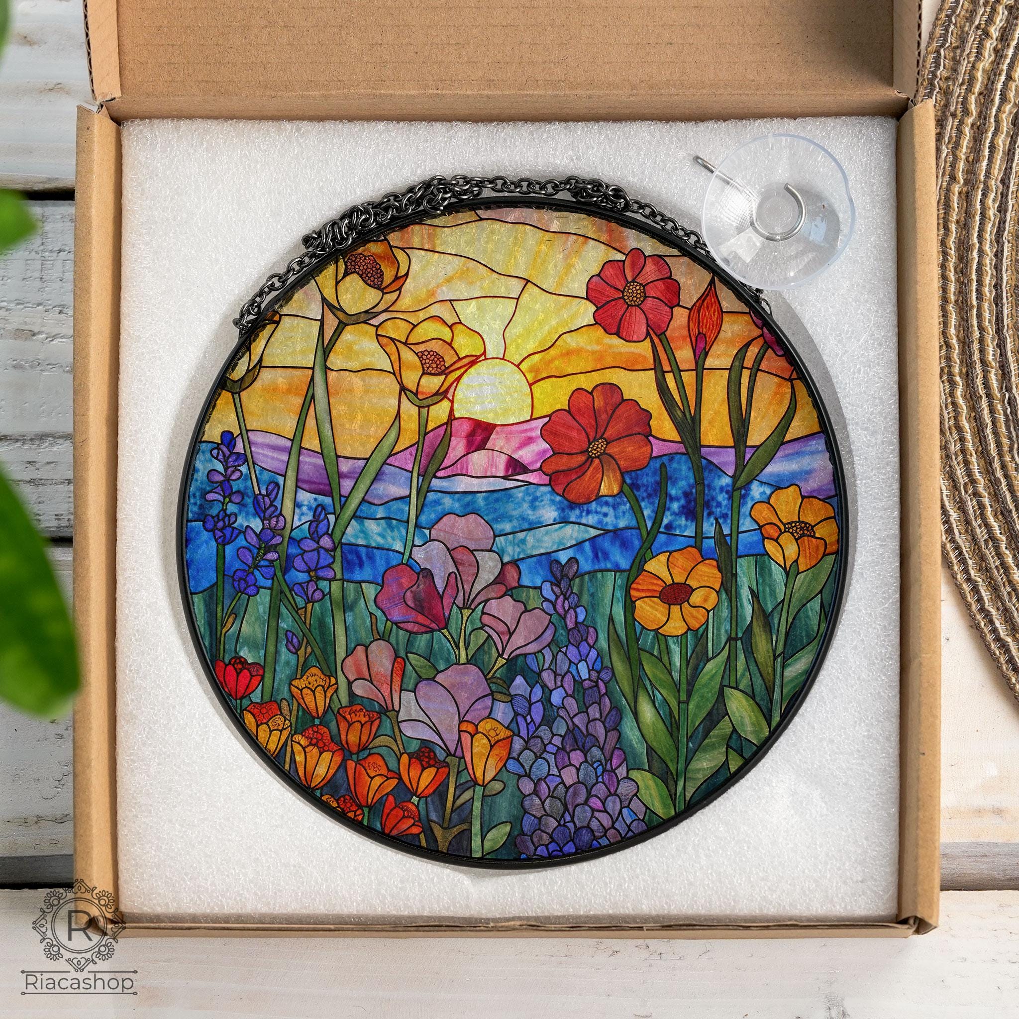 Wildflowers Sun catcher, Sunset Stained Glass Style Window Hangings, Wall Decor, Housewarming Gift, Home Decor, Window Hanger