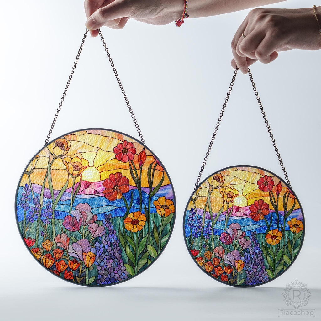 Wildflowers Sun catcher, Sunset Stained Glass Style Window Hangings, Wall Decor, Housewarming Gift, Home Decor, Window Hanger