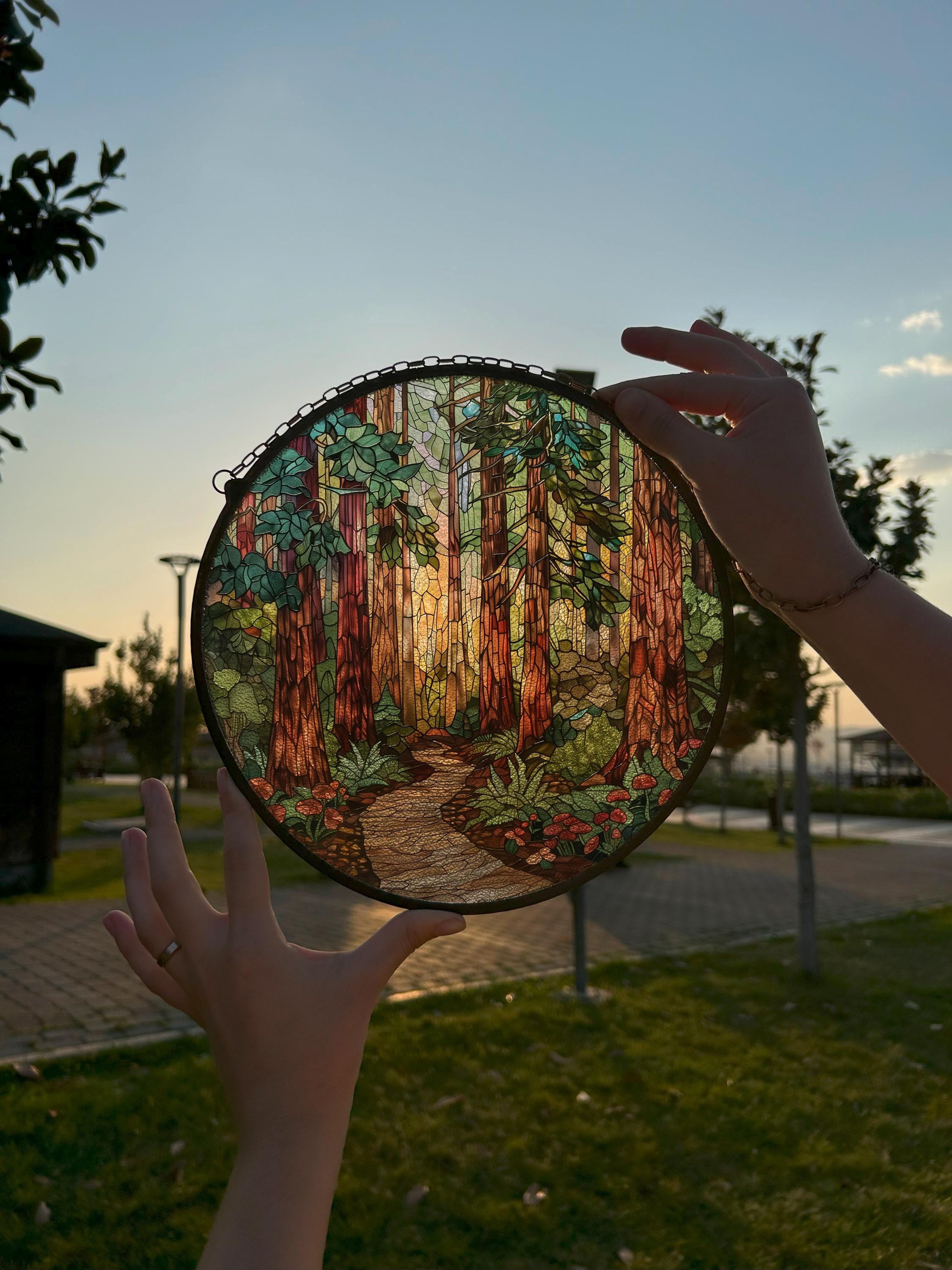 The Forest Painted Stained Glass Suncatcher, Window Hanging Decor, Outdoor Sun Catcher Decor, Forest Trees Wall Decor