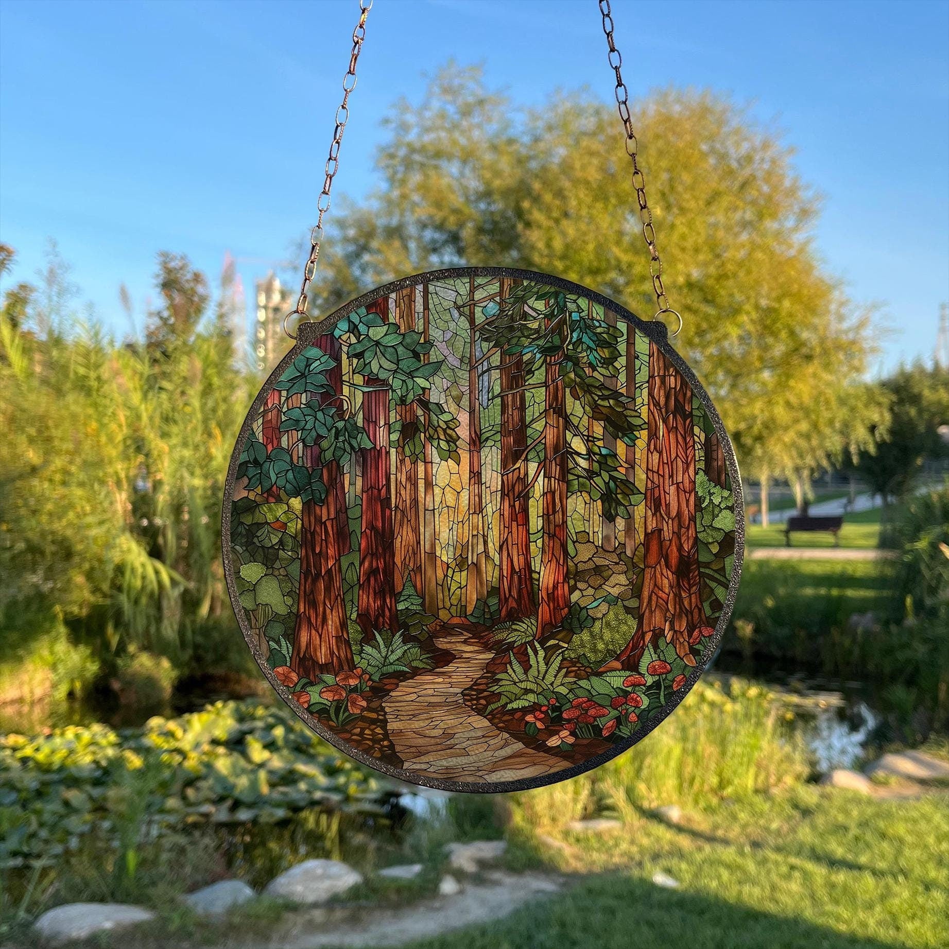 The Forest Painted Stained Glass Suncatcher, Window Hanging Decor, Outdoor Sun Catcher Decor, Forest Trees Wall Decor