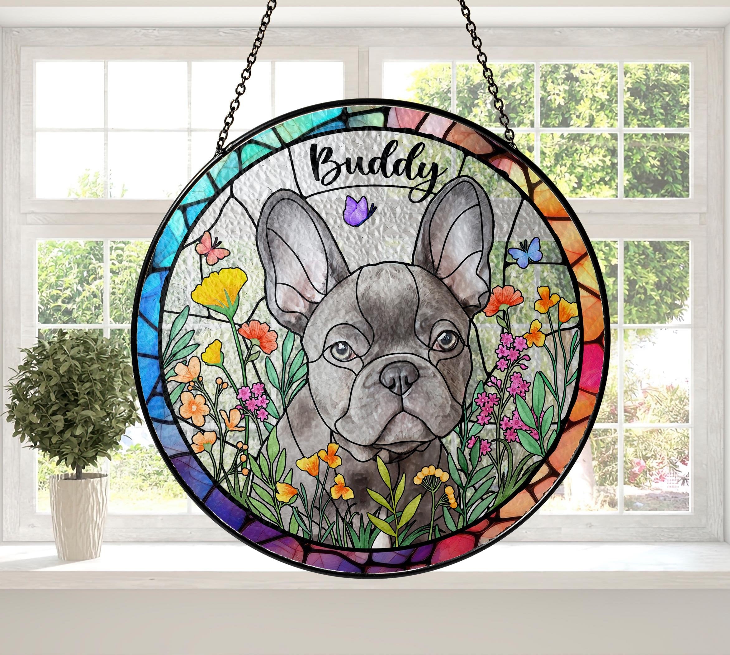 Custom Pet Portrait Stained Glass Suncatcher, Pet Memorial Gift Custom Pet Portrait from Photo, Dog Cat Portrait Lightcatcher Window Hanging