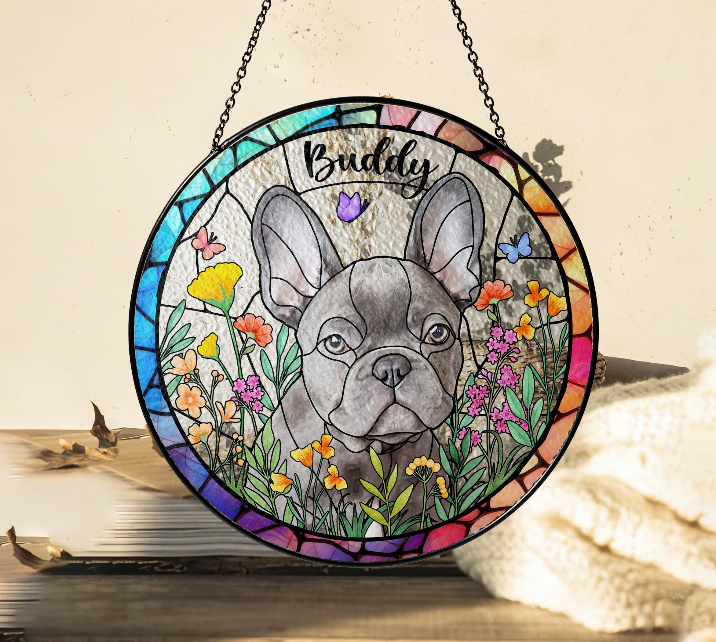 Custom Pet Portrait Stained Glass Suncatcher, Pet Memorial Gift Custom Pet Portrait from Photo, Dog Cat Portrait Lightcatcher Window Hanging
