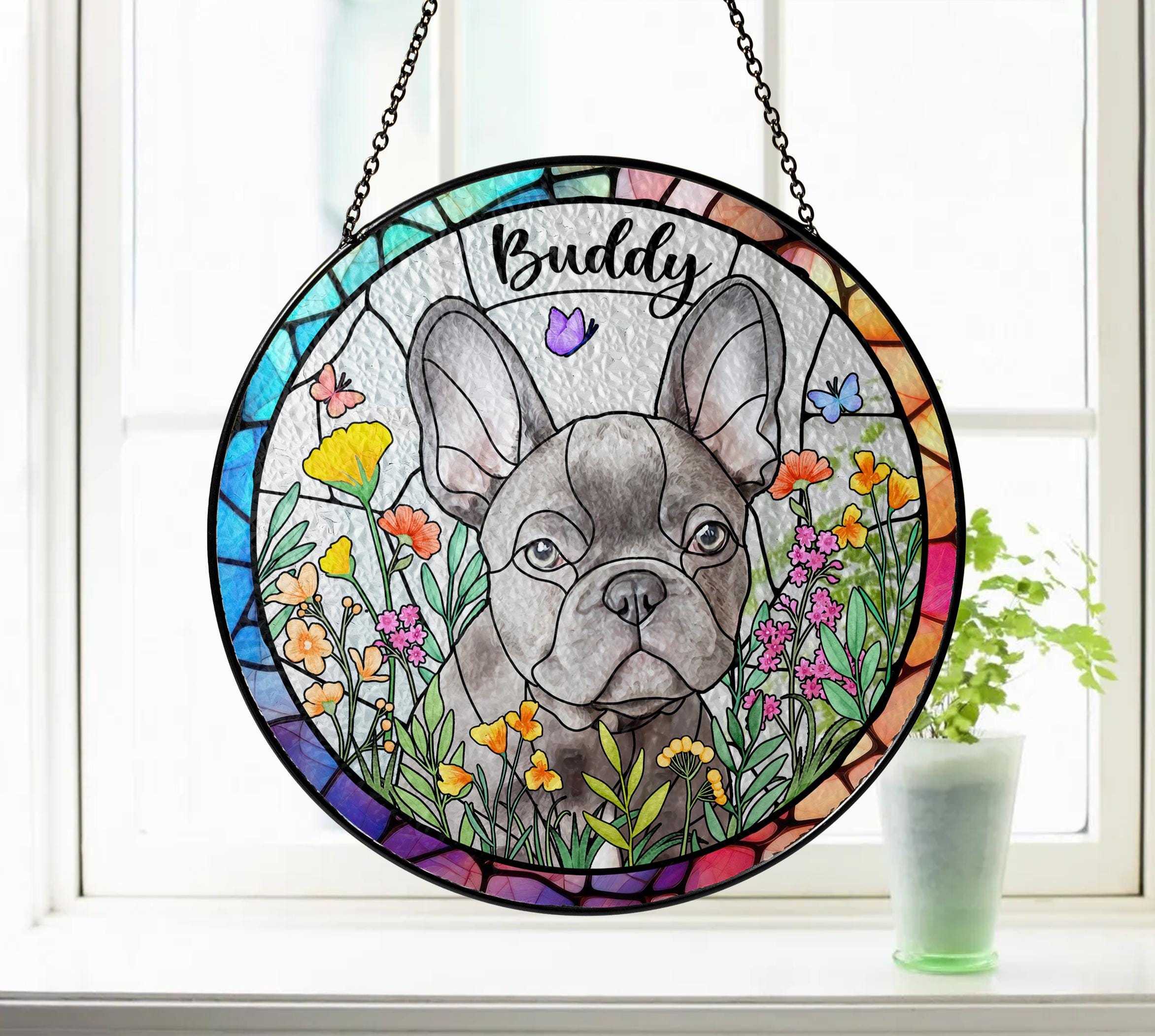 Custom Pet Portrait Stained Glass Suncatcher, Pet Memorial Gift Custom Pet Portrait from Photo, Dog Cat Portrait Lightcatcher Window Hanging