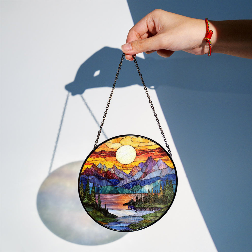 Mountain Range Stained Glass Suncatcher Ornament, Nature Suncatcher For Window Hanging, Stained Glass Window Decor, Christmas Home Decor