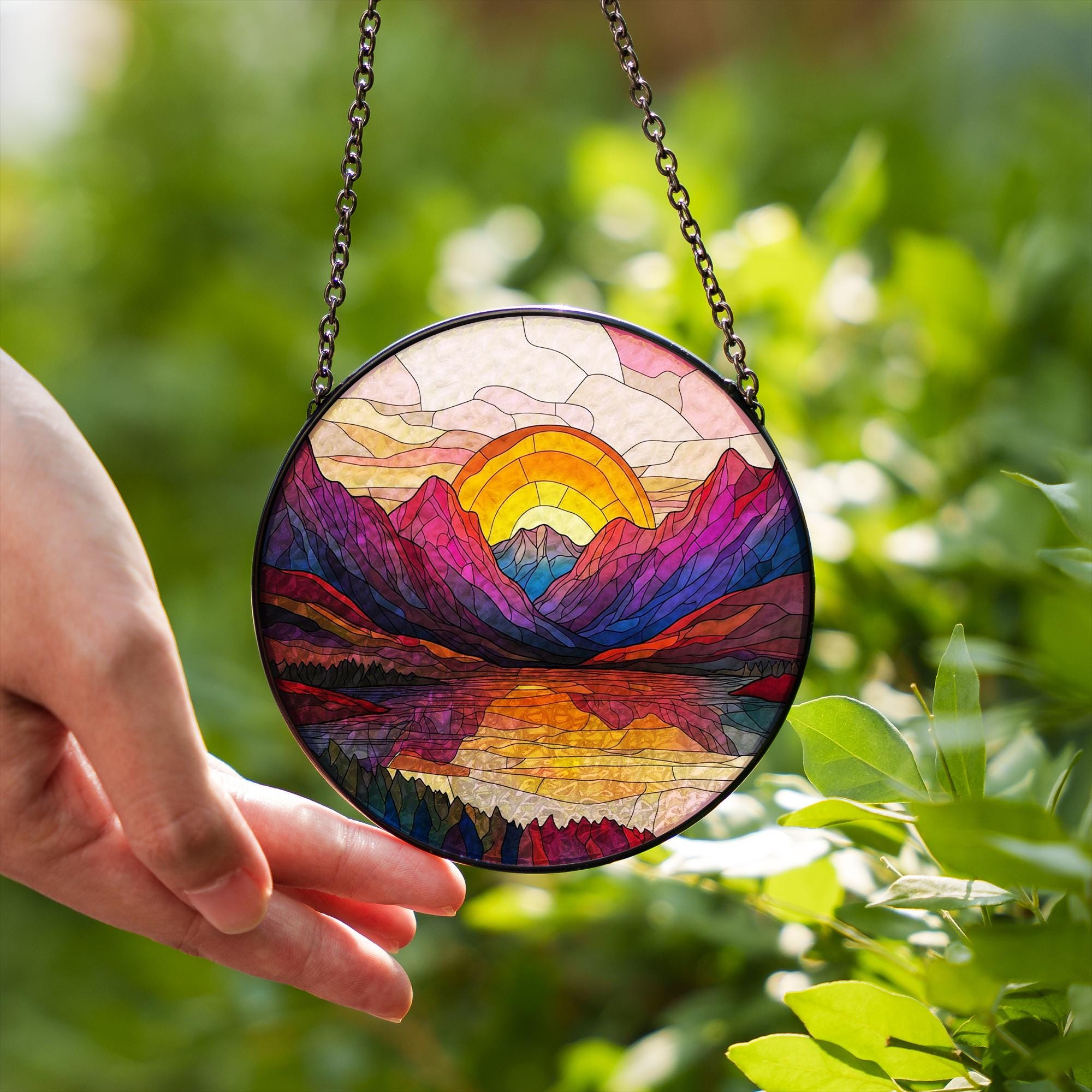 Mountain Range Stained Glass Suncatcher Ornament, Nature Suncatcher For Window Hanging, Stained Glass Window Decor, Christmas Home Decor