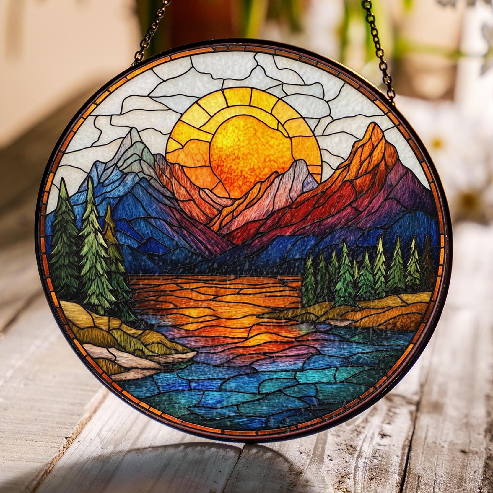 Mountain Range Stained Glass Suncatcher Ornament, Nature Suncatcher For Window Hanging, Stained Glass Window Decor, Christmas Home Decor
