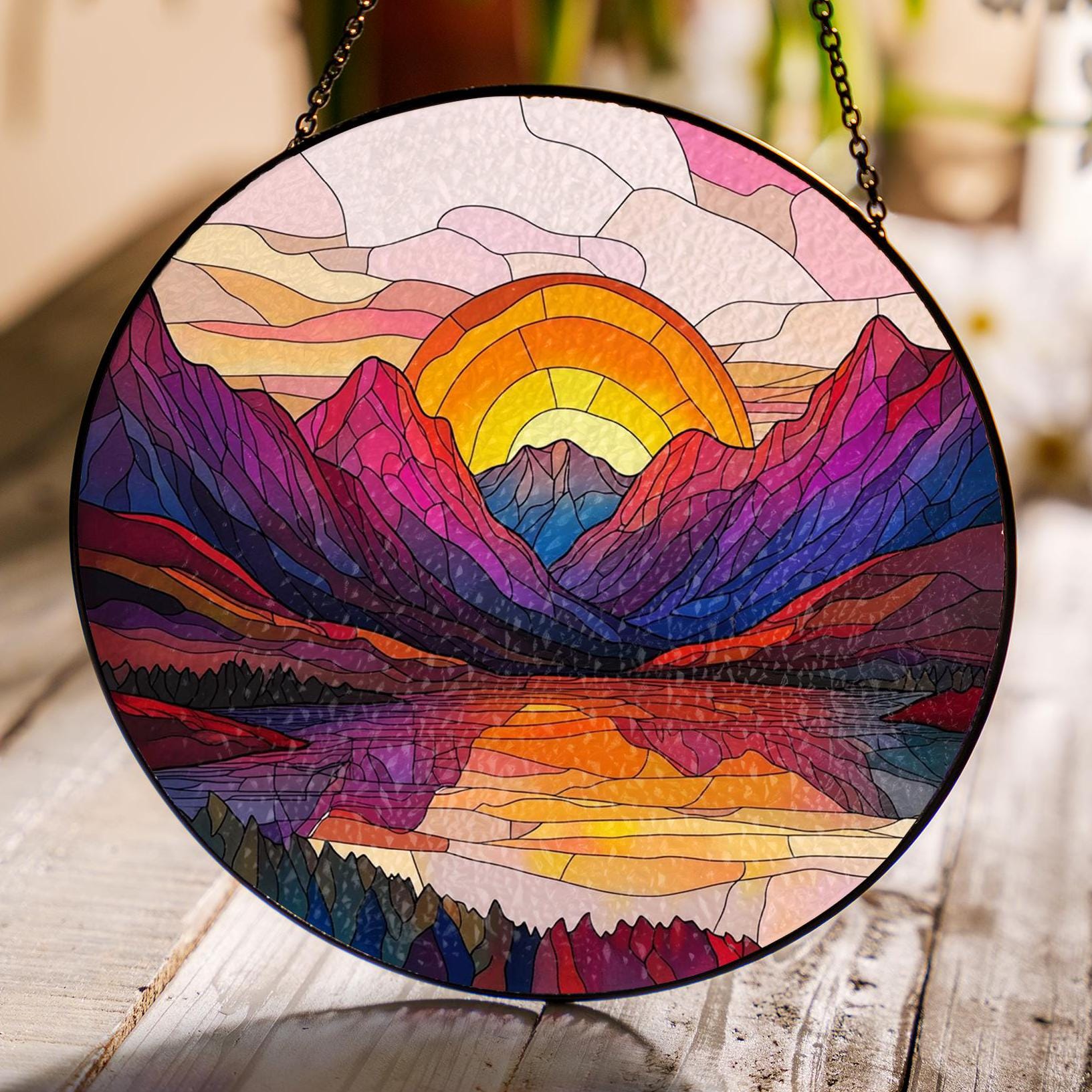 Mountain Range Stained Glass Suncatcher Ornament, Nature Suncatcher For Window Hanging, Stained Glass Window Decor, Christmas Home Decor