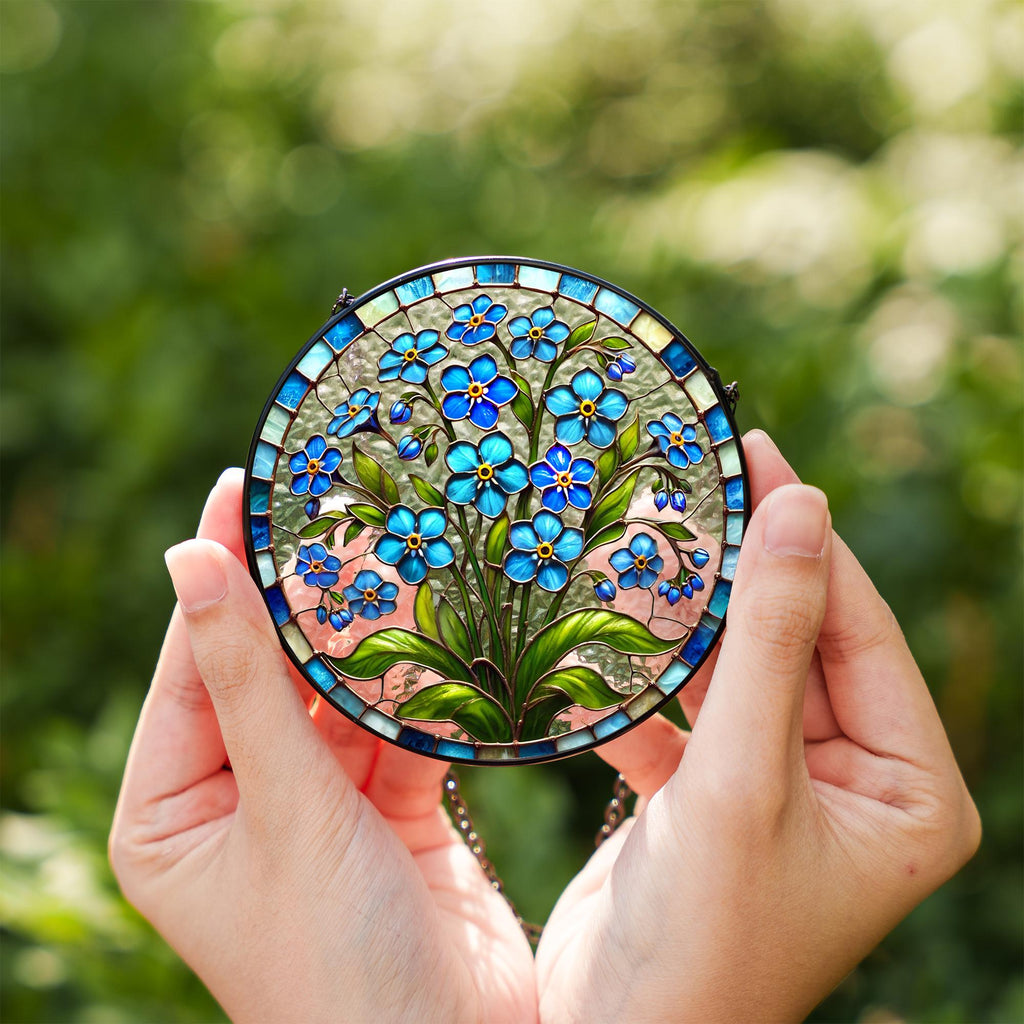 Forget-Me-Not Stained Glass Suncatcher, Blue Floral Sun Catcher Window Hanging, Boho Nature Inspired Art, Botanical Glass Ornament