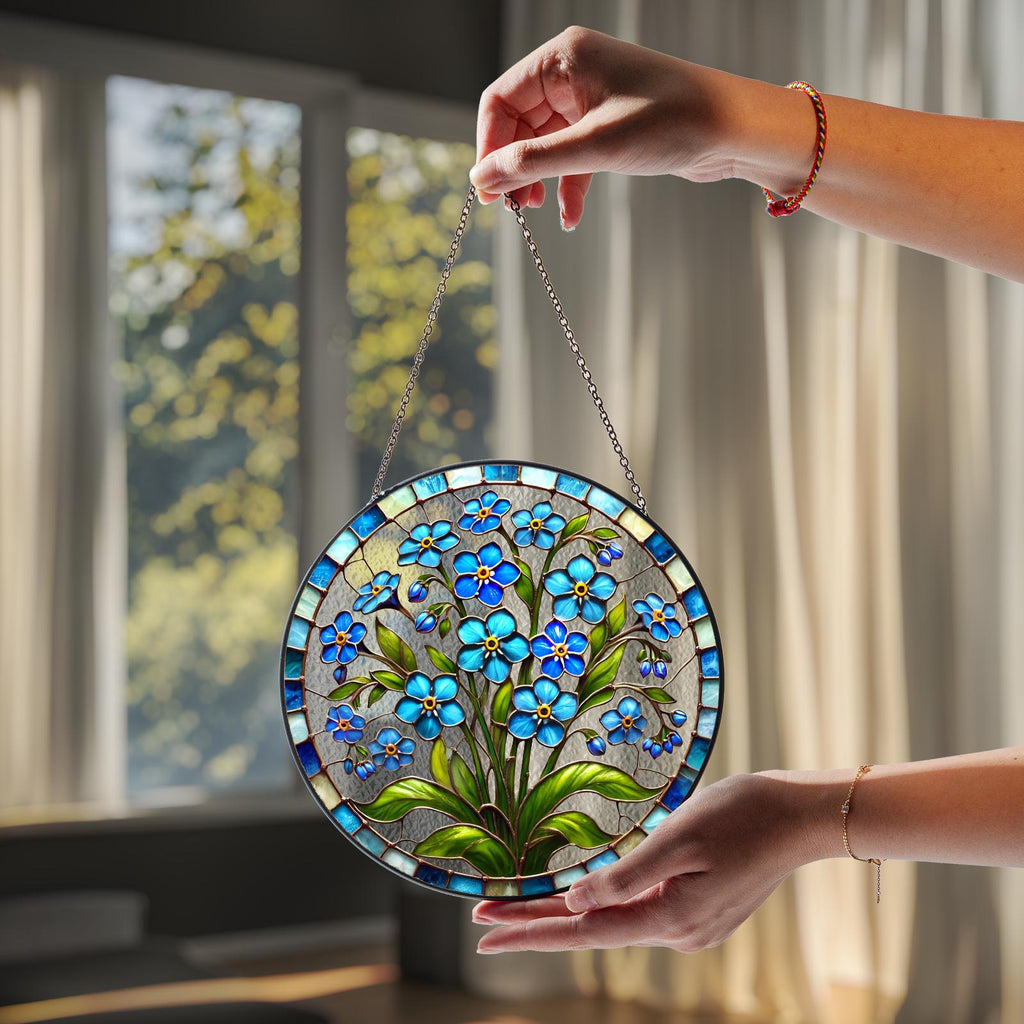 Forget-Me-Not Stained Glass Suncatcher, Blue Floral Sun Catcher Window Hanging, Boho Nature Inspired Art, Botanical Glass Ornament
