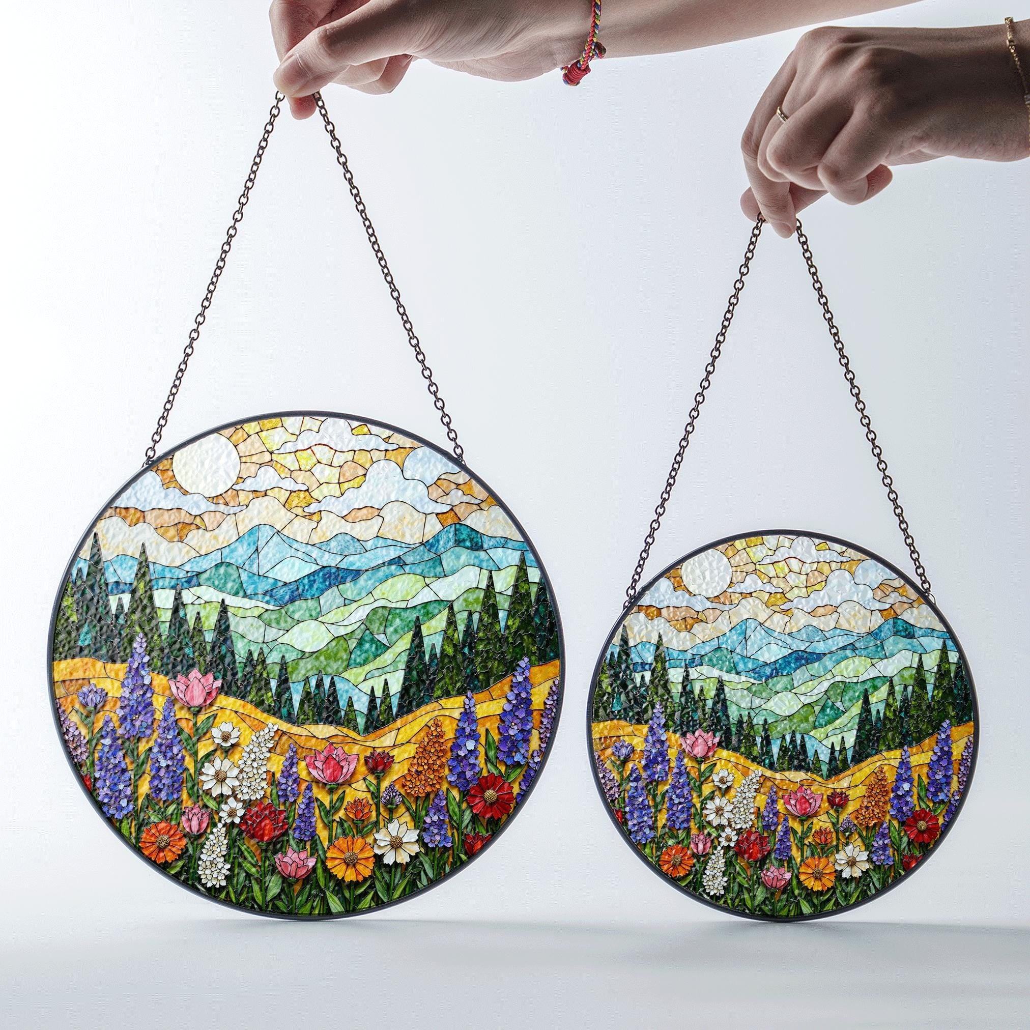 Mountain Wildflower Suncatcher Stained Glass Window Hanging Nature Art Gift for Mom Birthday