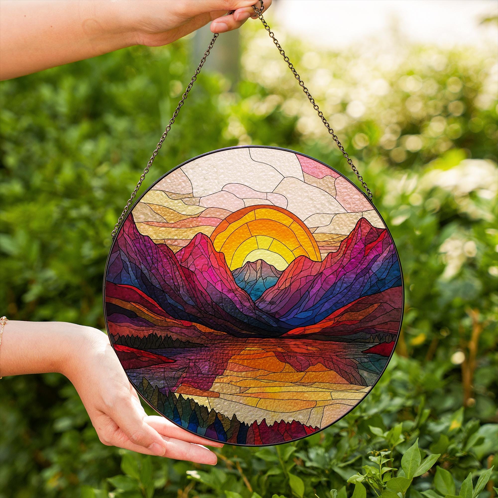 Mountain Range Stained Glass Suncatcher Ornament, Nature Suncatcher For Window Hanging, Stained Glass Window Decor, Christmas Home Decor