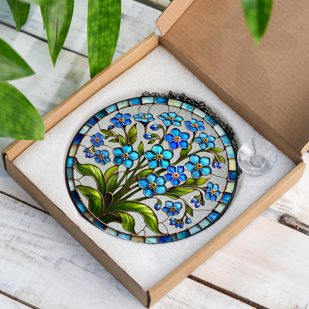 Forget-Me-Not Stained Glass Suncatcher, Blue Floral Sun Catcher Window Hanging, Boho Nature Inspired Art, Botanical Glass Ornament