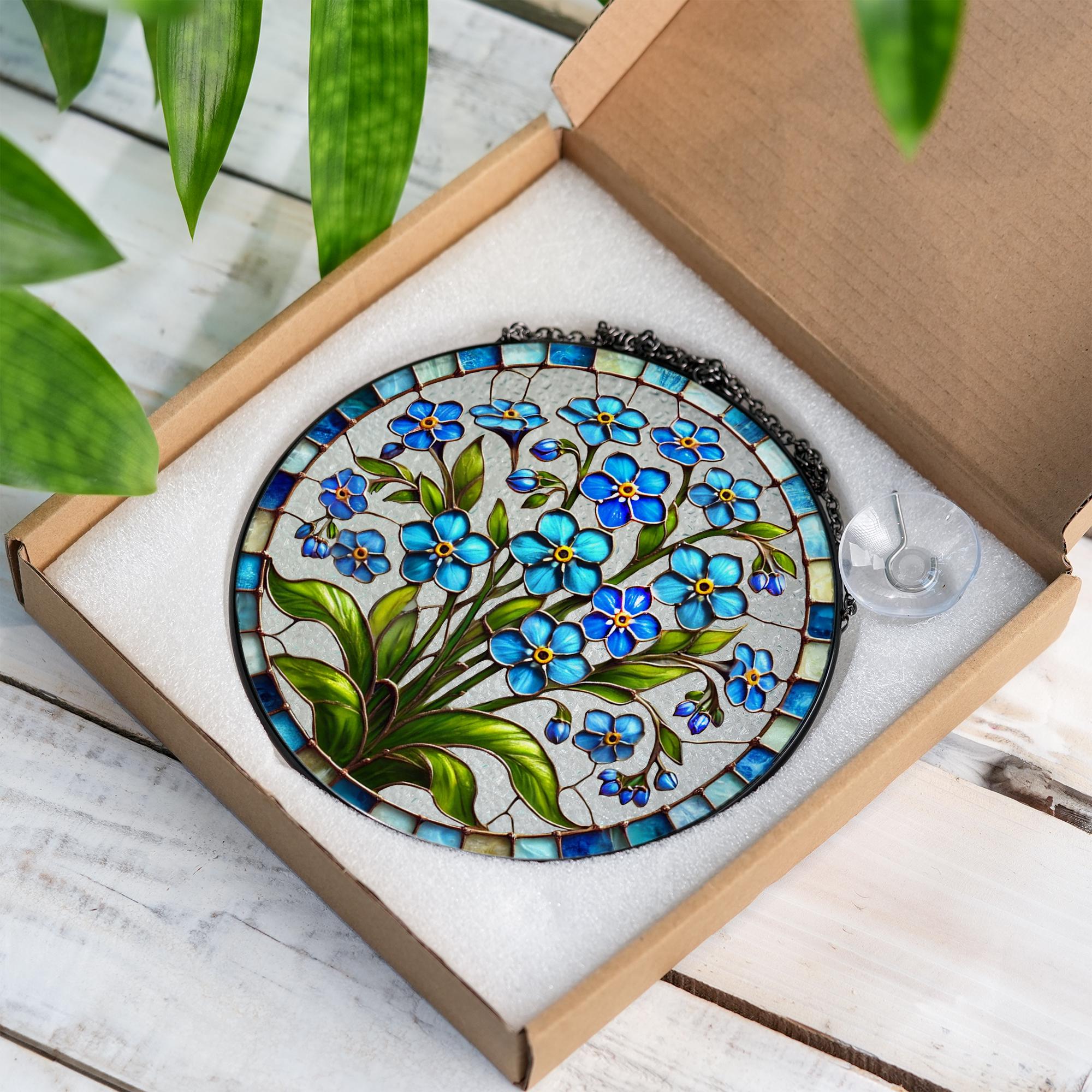 Forget-Me-Not Stained Glass Suncatcher, Blue Floral Sun Catcher Window Hanging, Boho Nature Inspired Art, Botanical Glass Ornament