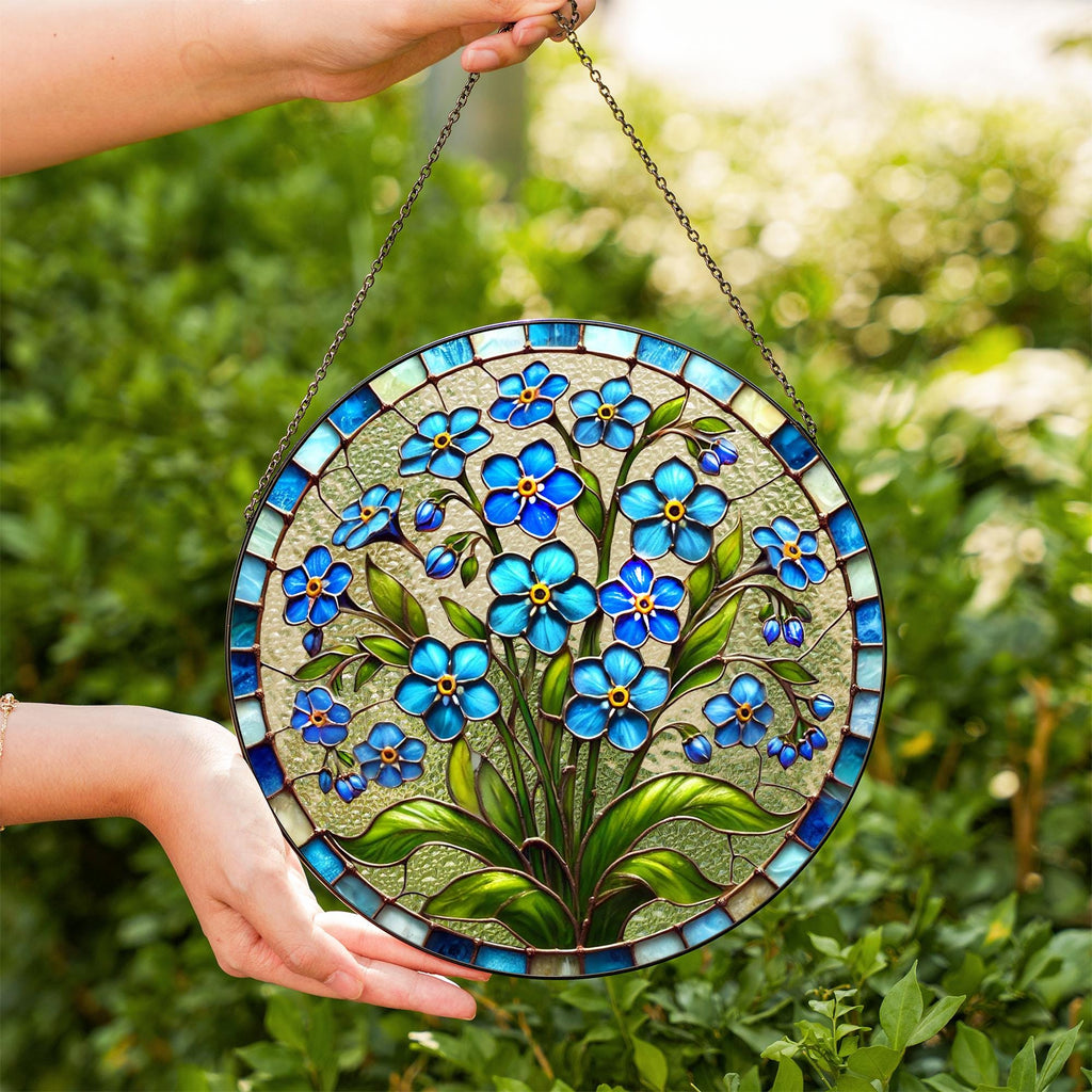 Forget-Me-Not Stained Glass Suncatcher, Blue Floral Sun Catcher Window Hanging, Boho Nature Inspired Art, Botanical Glass Ornament